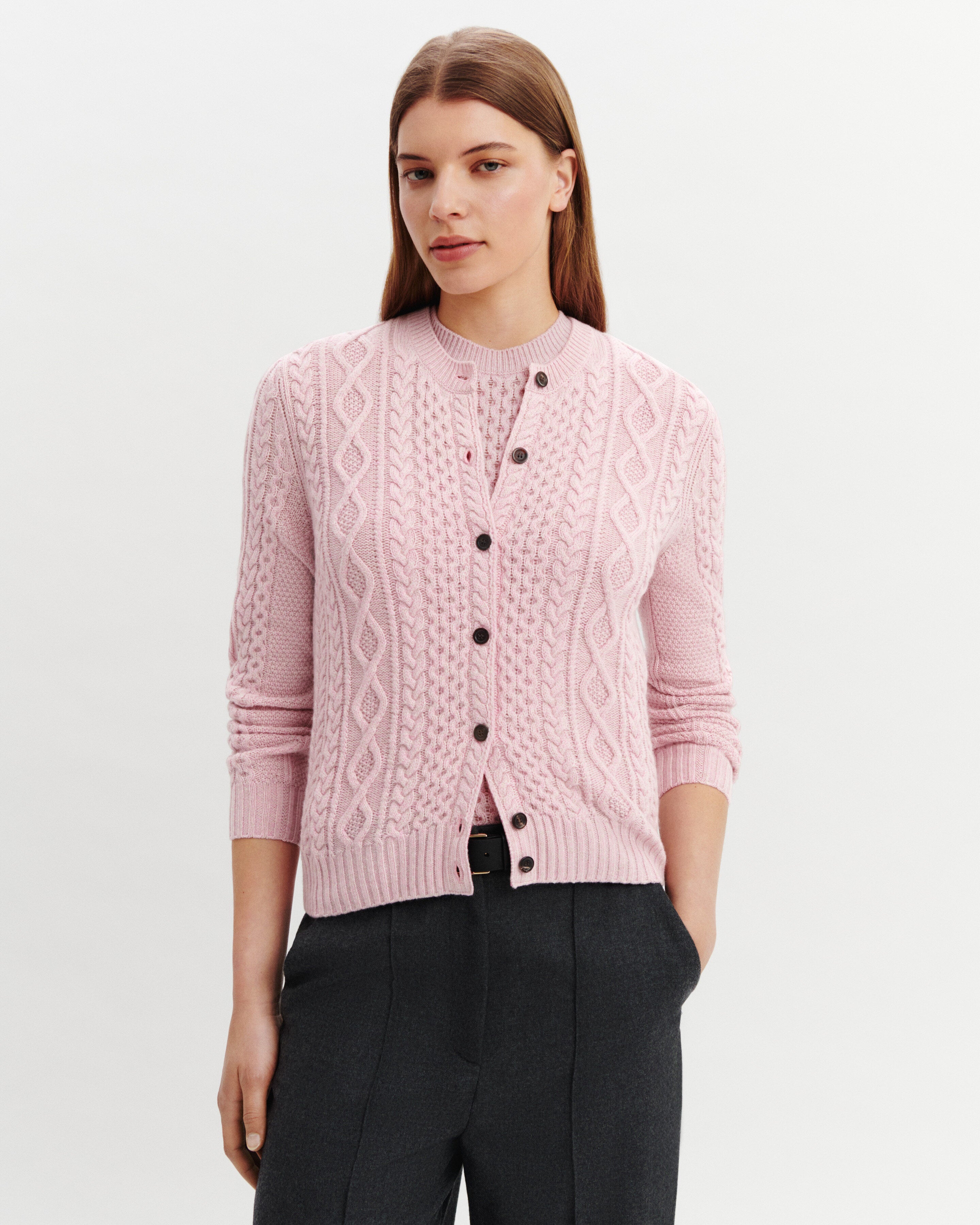 Cardigan à torsades-ROSE VIF/TOURTERELLE-100% cachemire