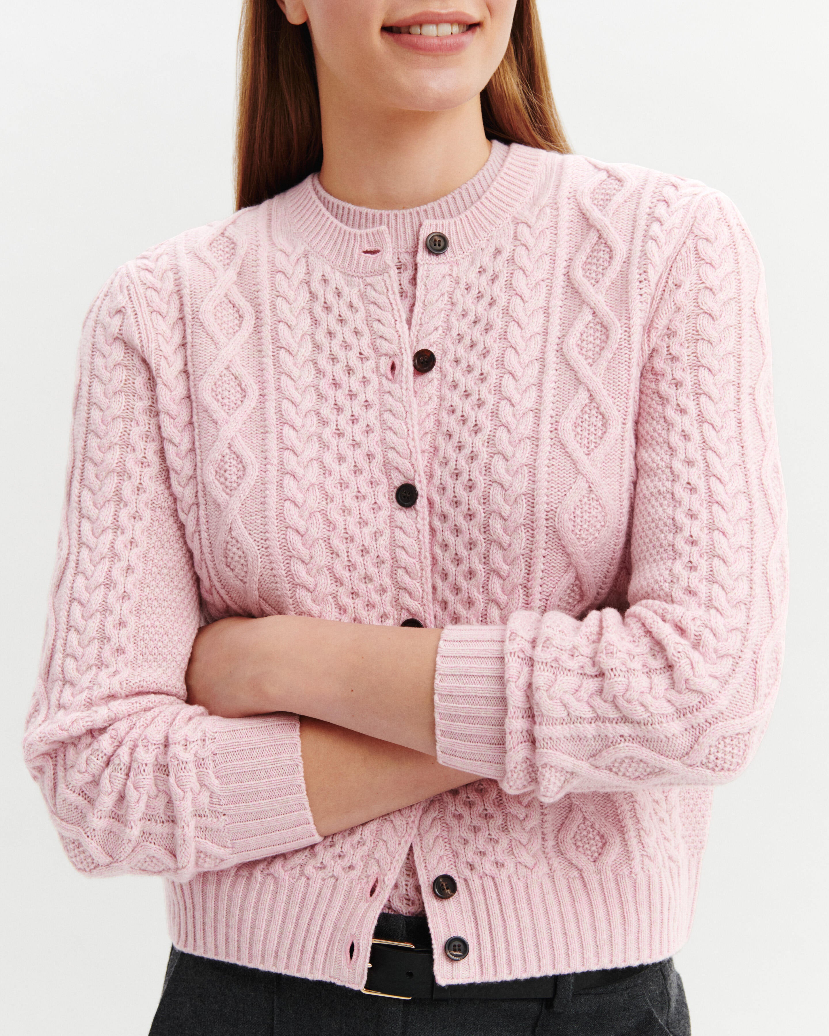 Cardigan à torsades-ROSE VIF/TOURTERELLE-100% cachemire