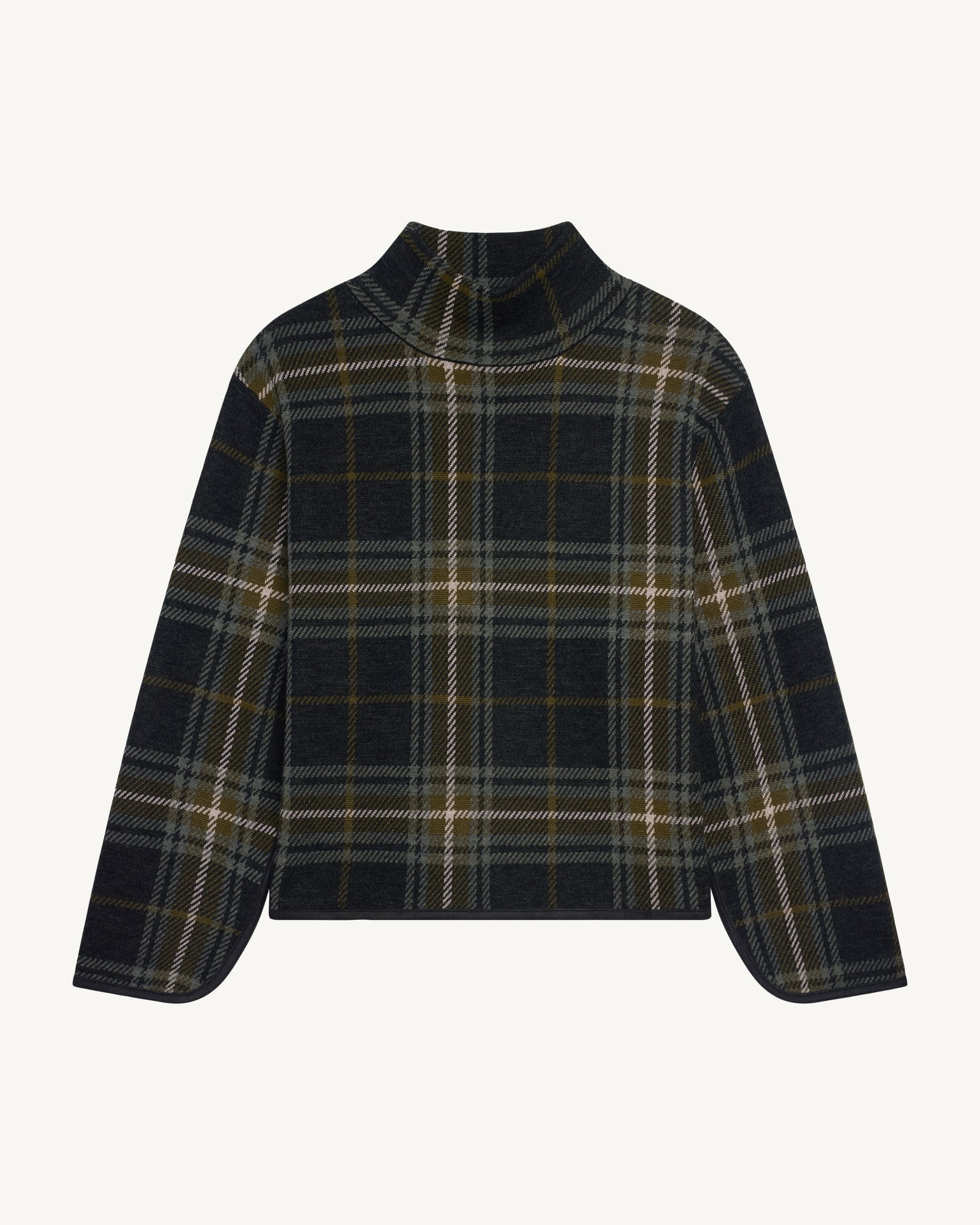 Pull col montant tartan-CHARBON/OLIVE-100% laine + 70% laine 30% cachemire