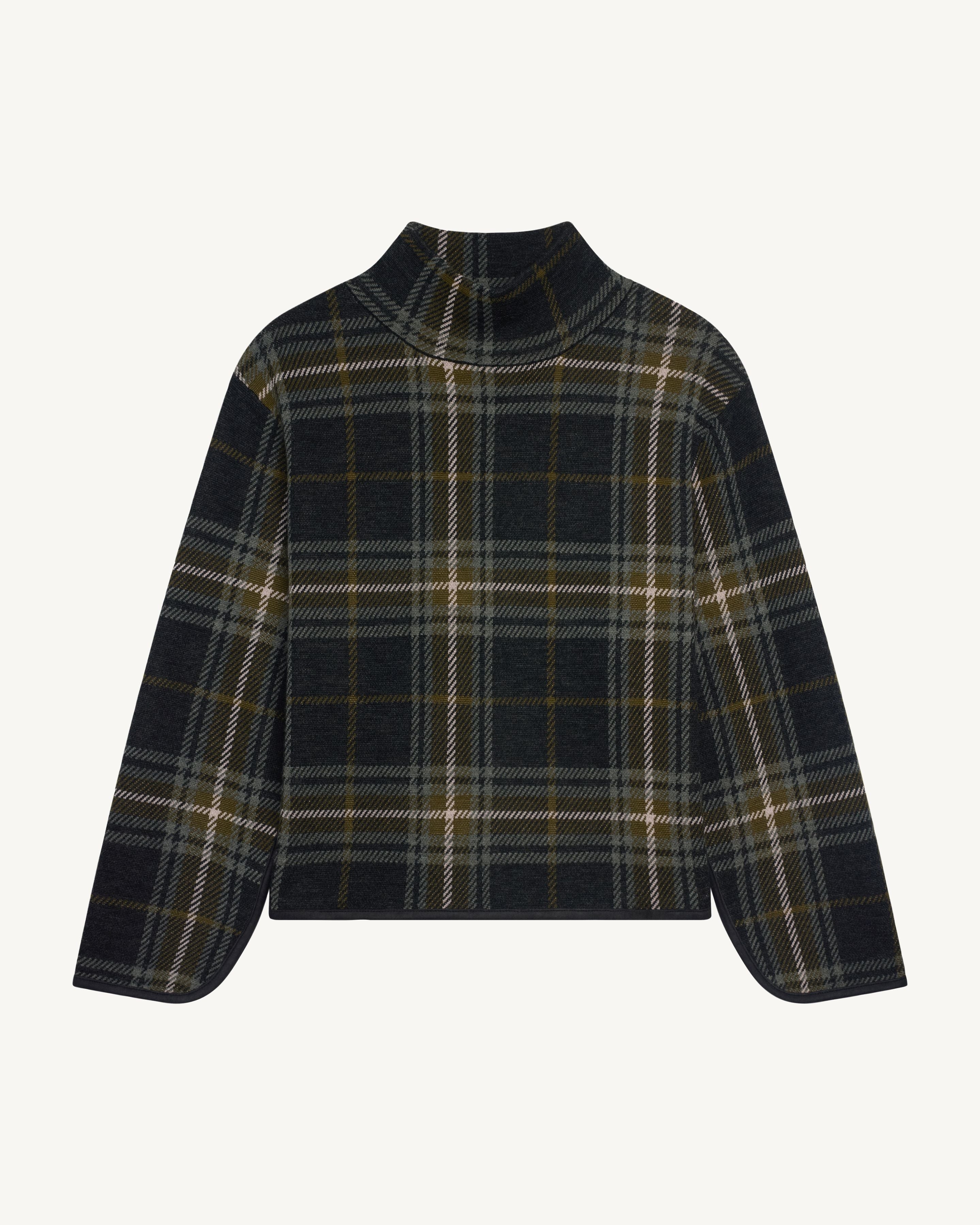 Pull col montant tartan-CHARBON/OLIVE-100% laine + 70% laine 30% cachemire