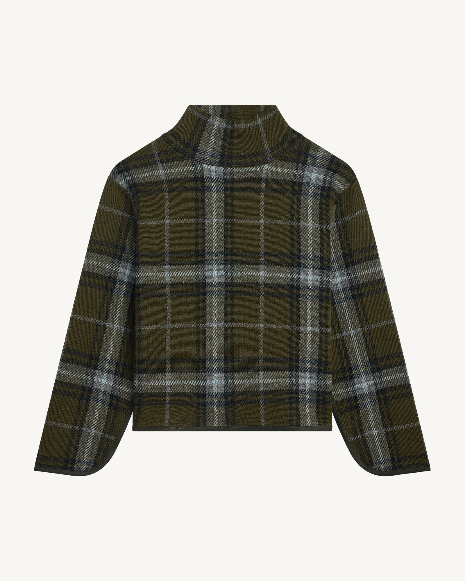 Pull col montant tartan-OLIVE/GRIS METEORITE-100% laine + 70% laine 30% cachemire
