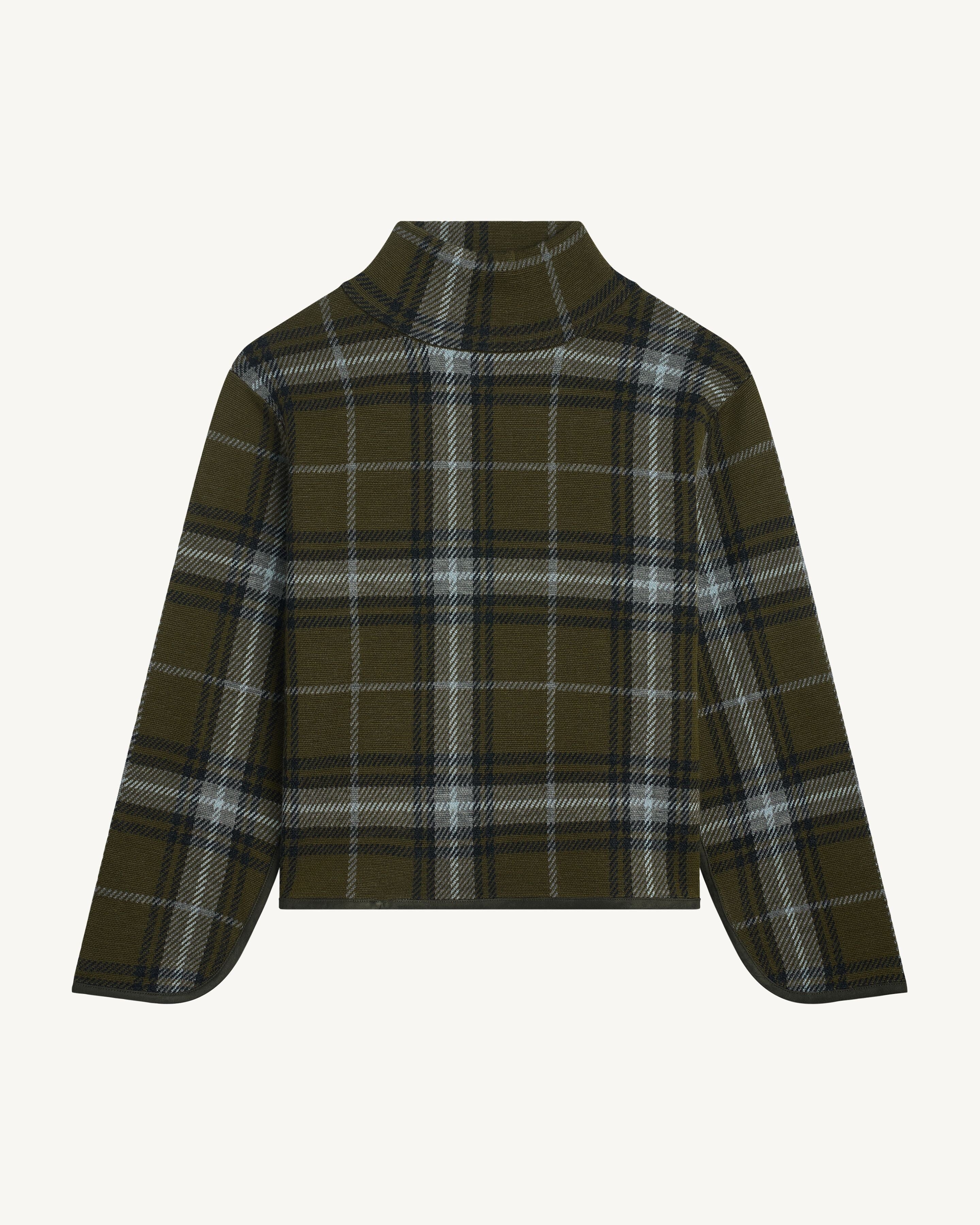 Pull col montant tartan-OLIVE/GRIS METEORITE-100% laine + 70% laine 30% cachemire