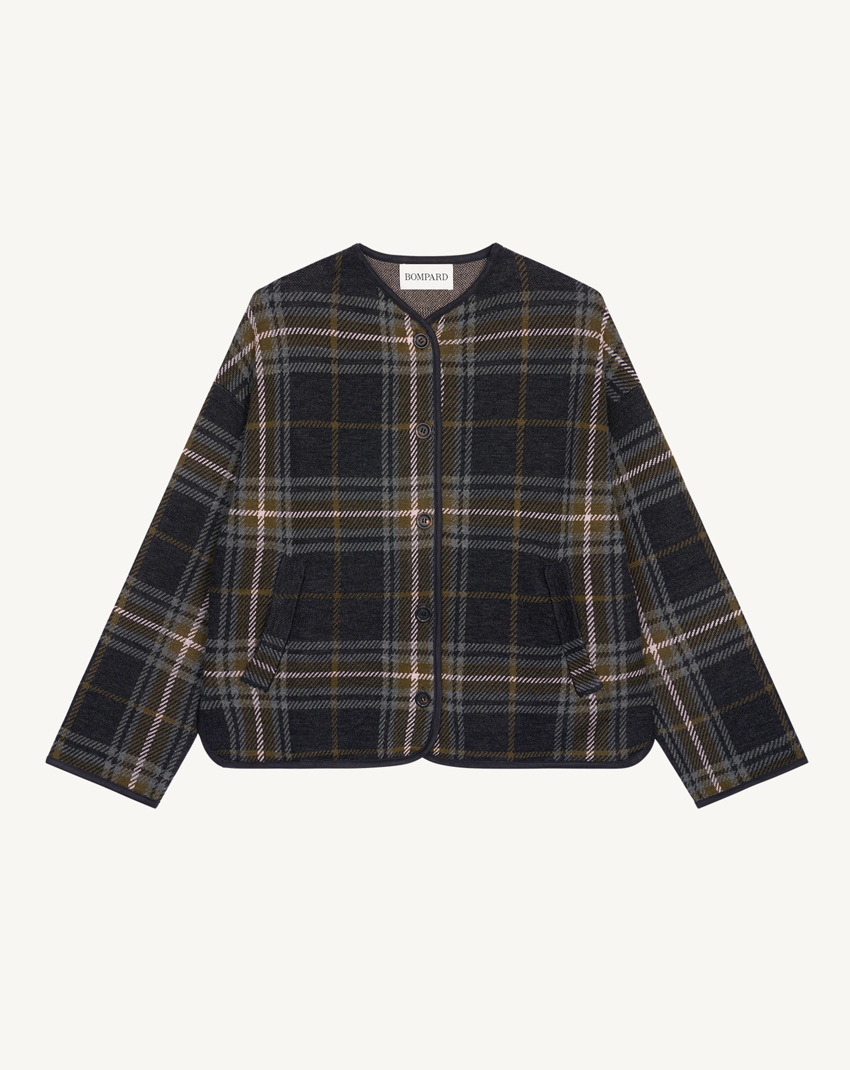 Veste tartan-CHARBON/OLIVE-100% laine + 70% laine 30% cachemire