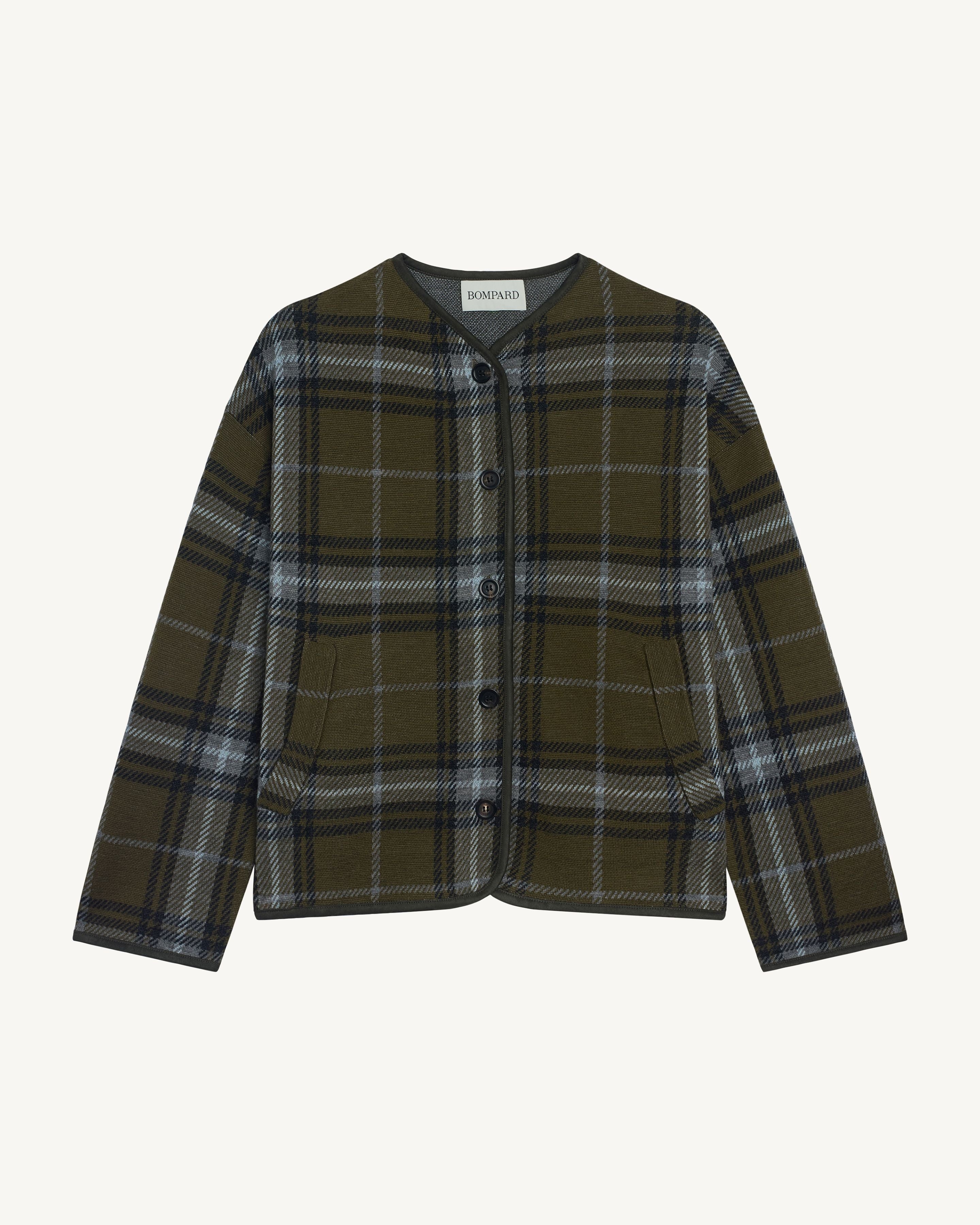 Veste tartan-OLIVE/GRIS METEORITE-100% laine + 70% laine 30% cachemire