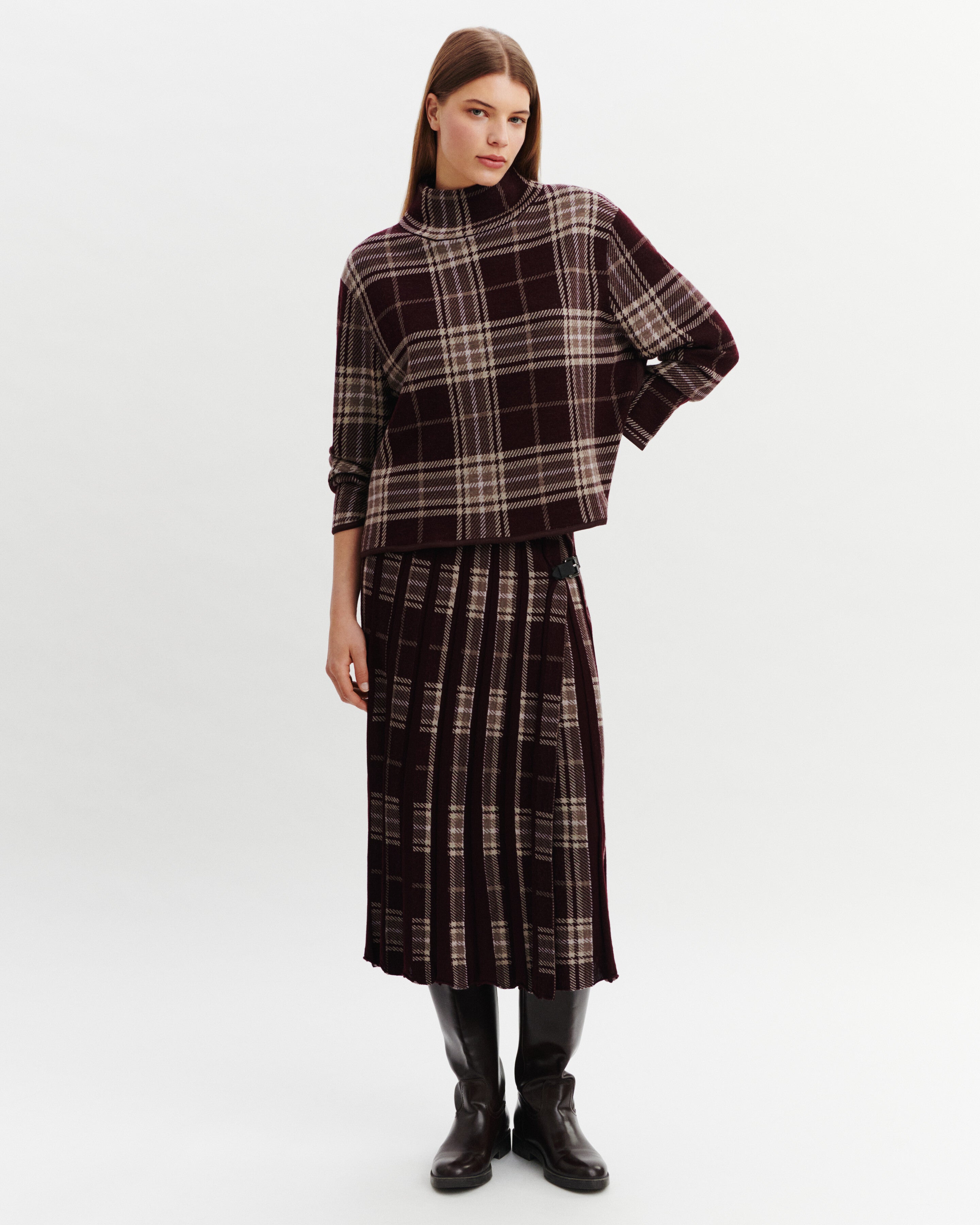 Jupe kilt plissée tartan-GRENAT/MILLET-95% laine 5% cachemire