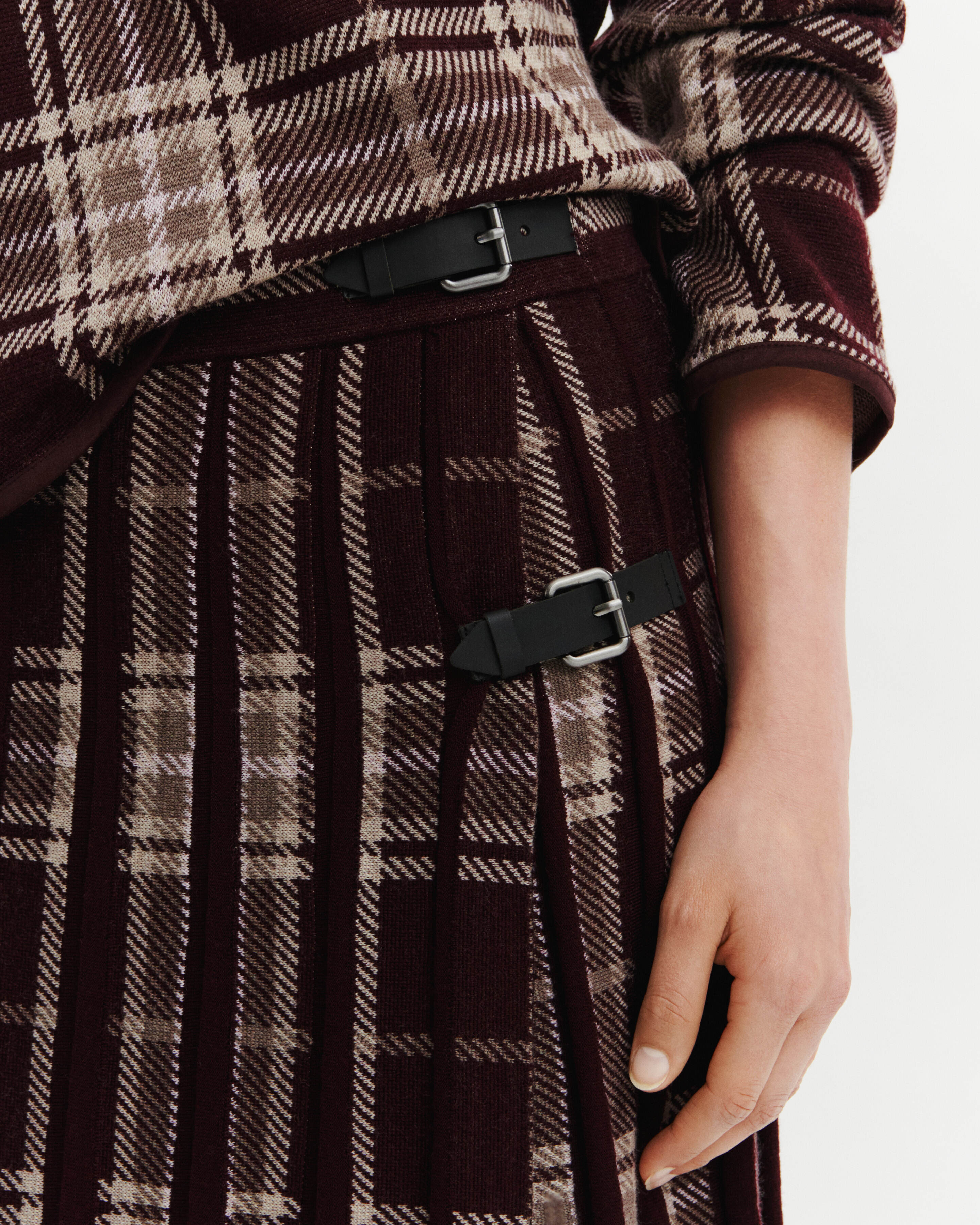 Jupe kilt plissée tartan-GRENAT/MILLET-95% laine 5% cachemire