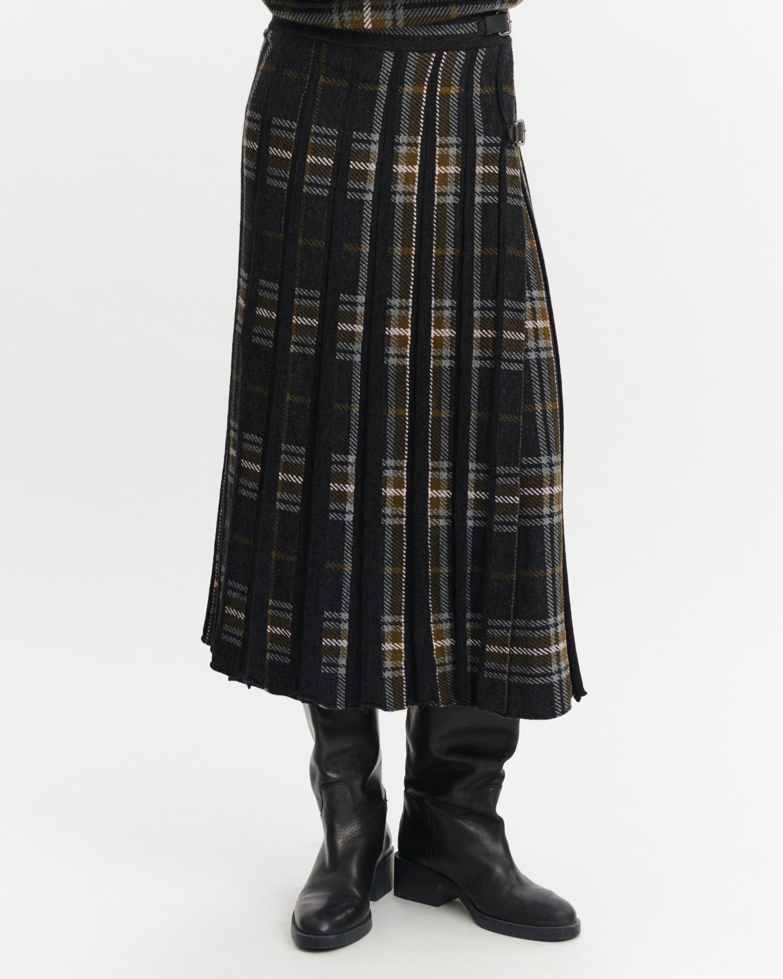 Jupe kilt plissée tartan-CHARBON/OLIVE-95% laine 5% cachemire