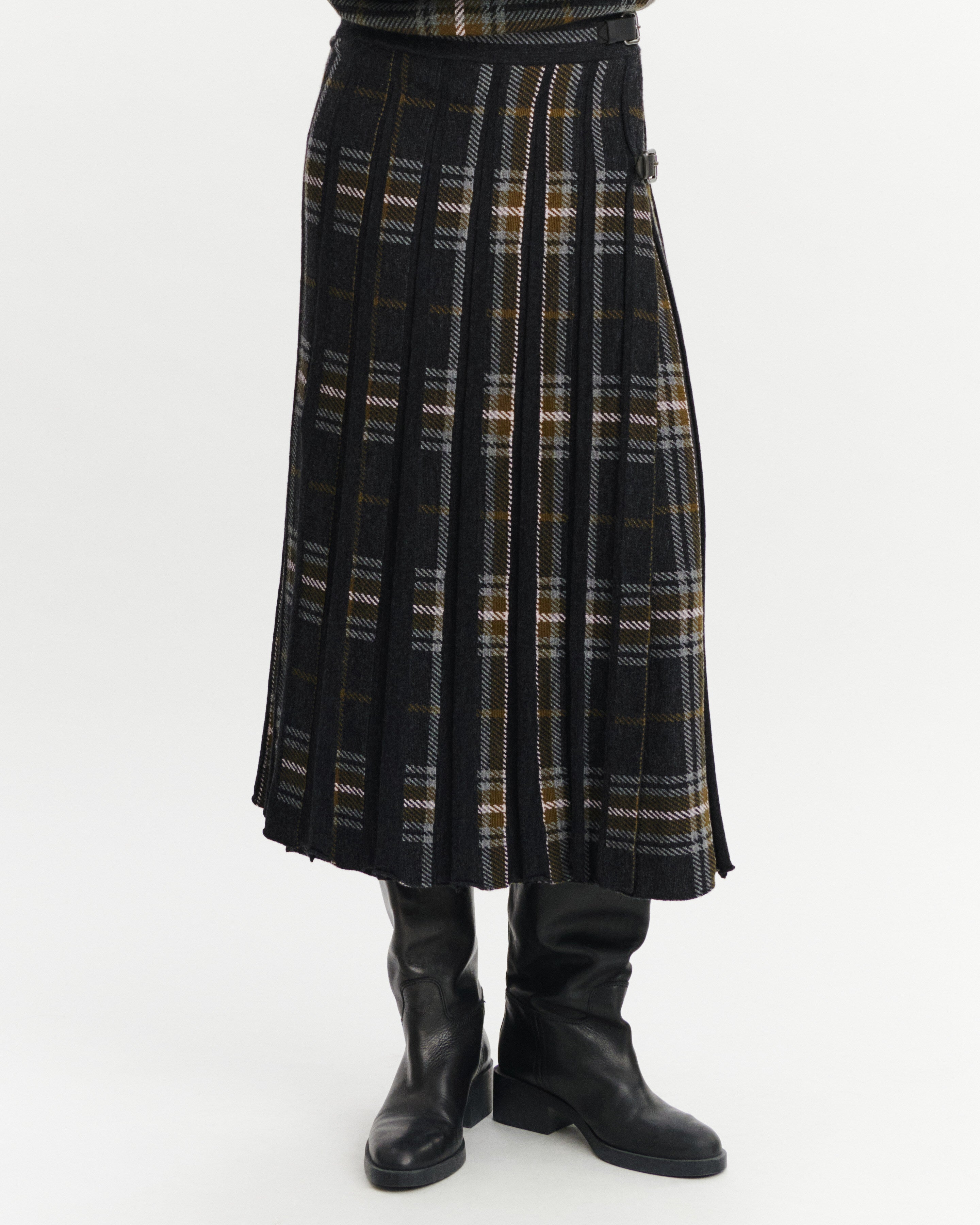 Jupe kilt plissée tartan-CHARBON/OLIVE-95% laine 5% cachemire