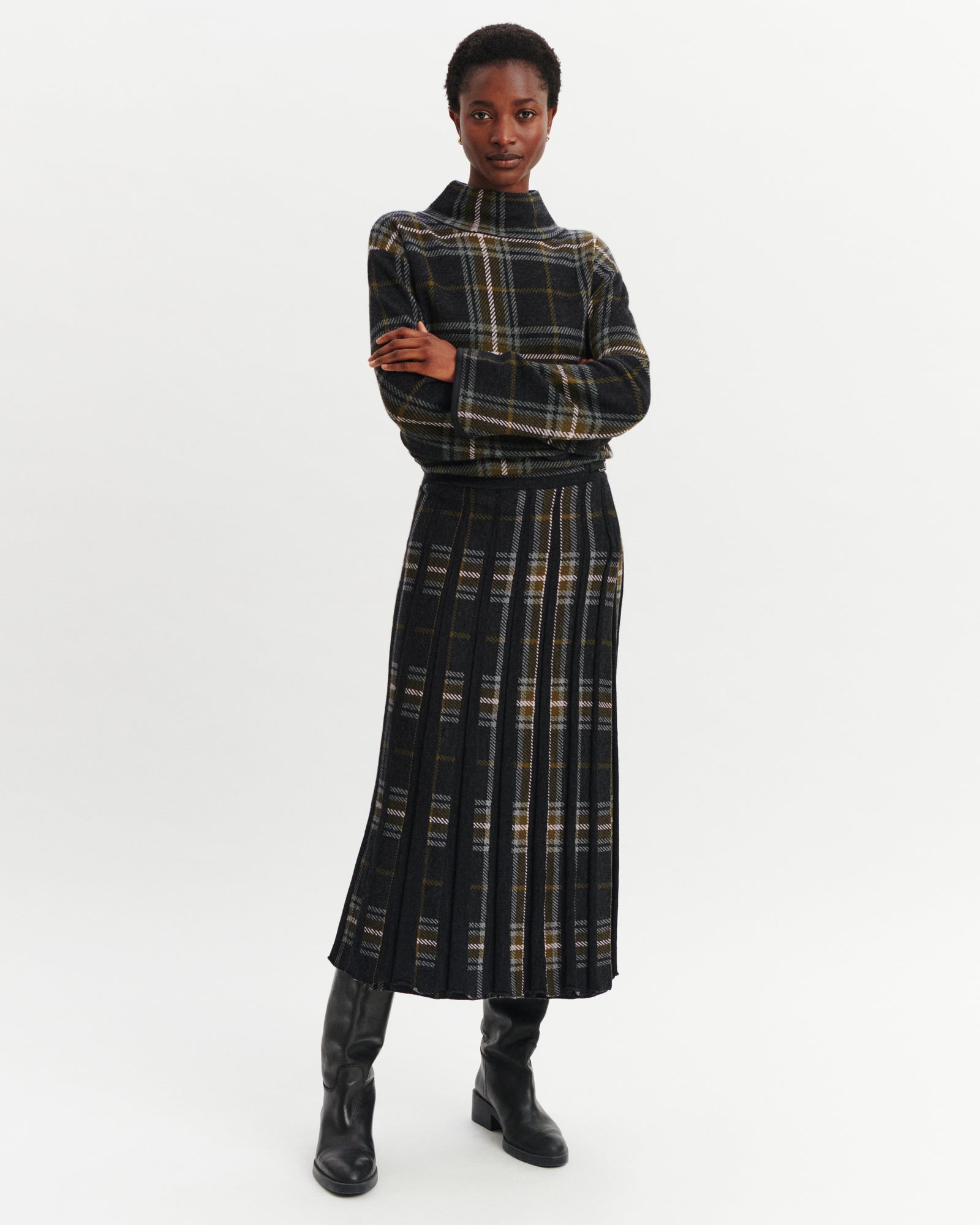 Jupe kilt plissée tartan-CHARBON/OLIVE-95% laine 5% cachemire