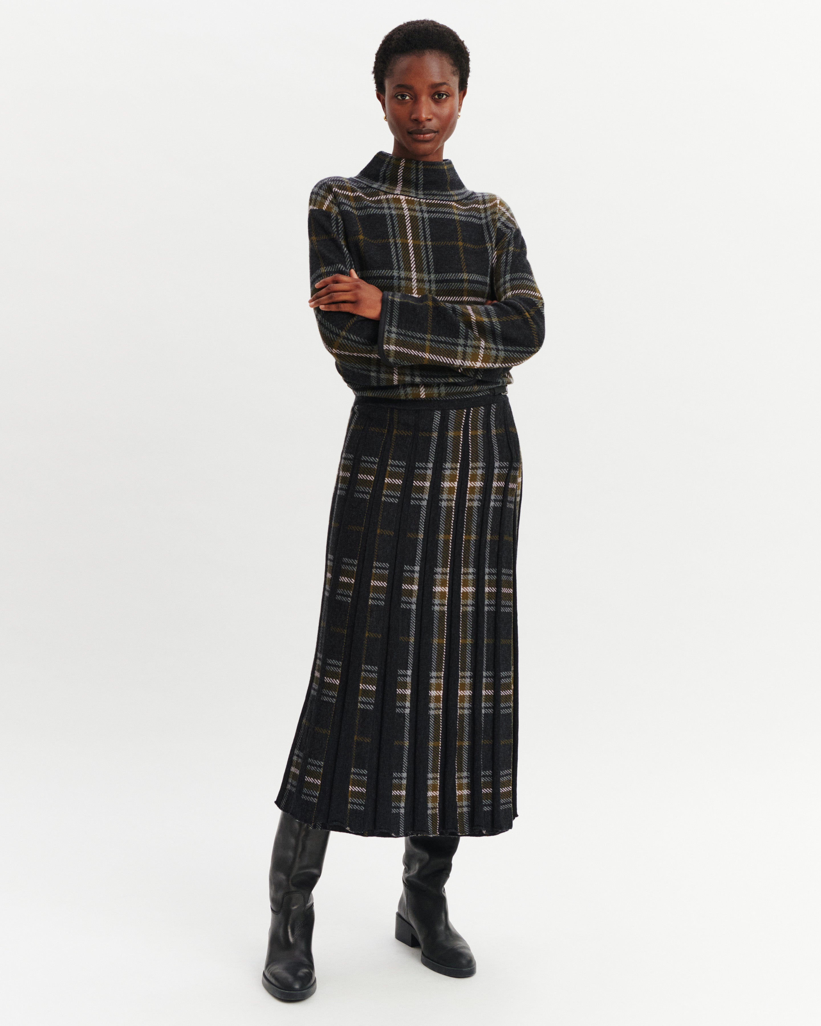 Jupe kilt plissée tartan-CHARBON/OLIVE-95% laine 5% cachemire