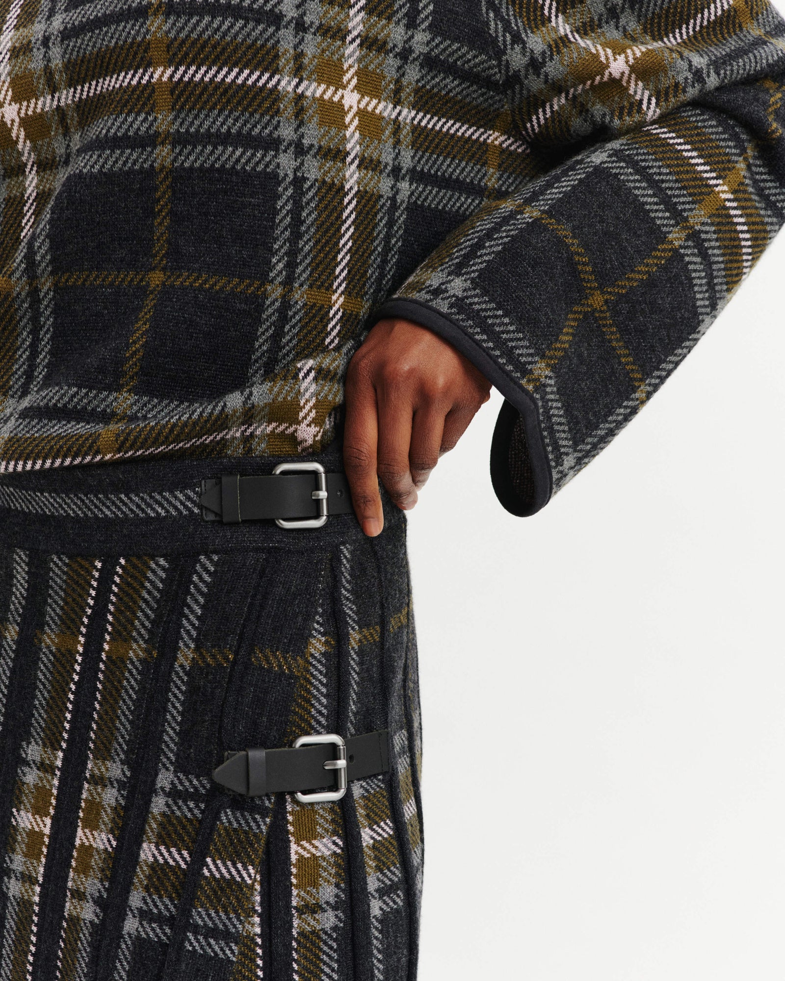 Jupe kilt plissée tartan-CHARBON/OLIVE-95% laine 5% cachemire