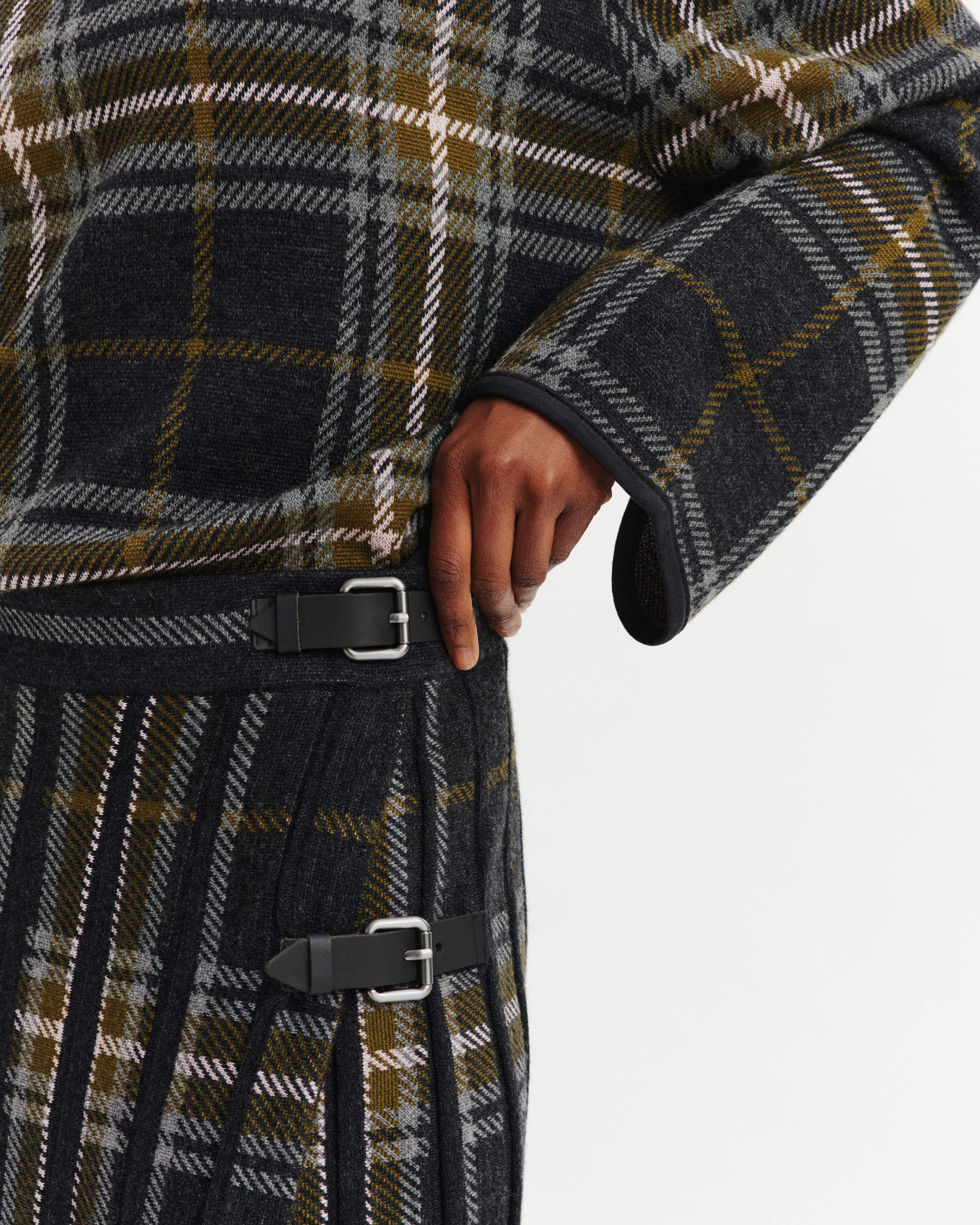 Jupe kilt plissée tartan-CHARBON/OLIVE-95% laine 5% cachemire