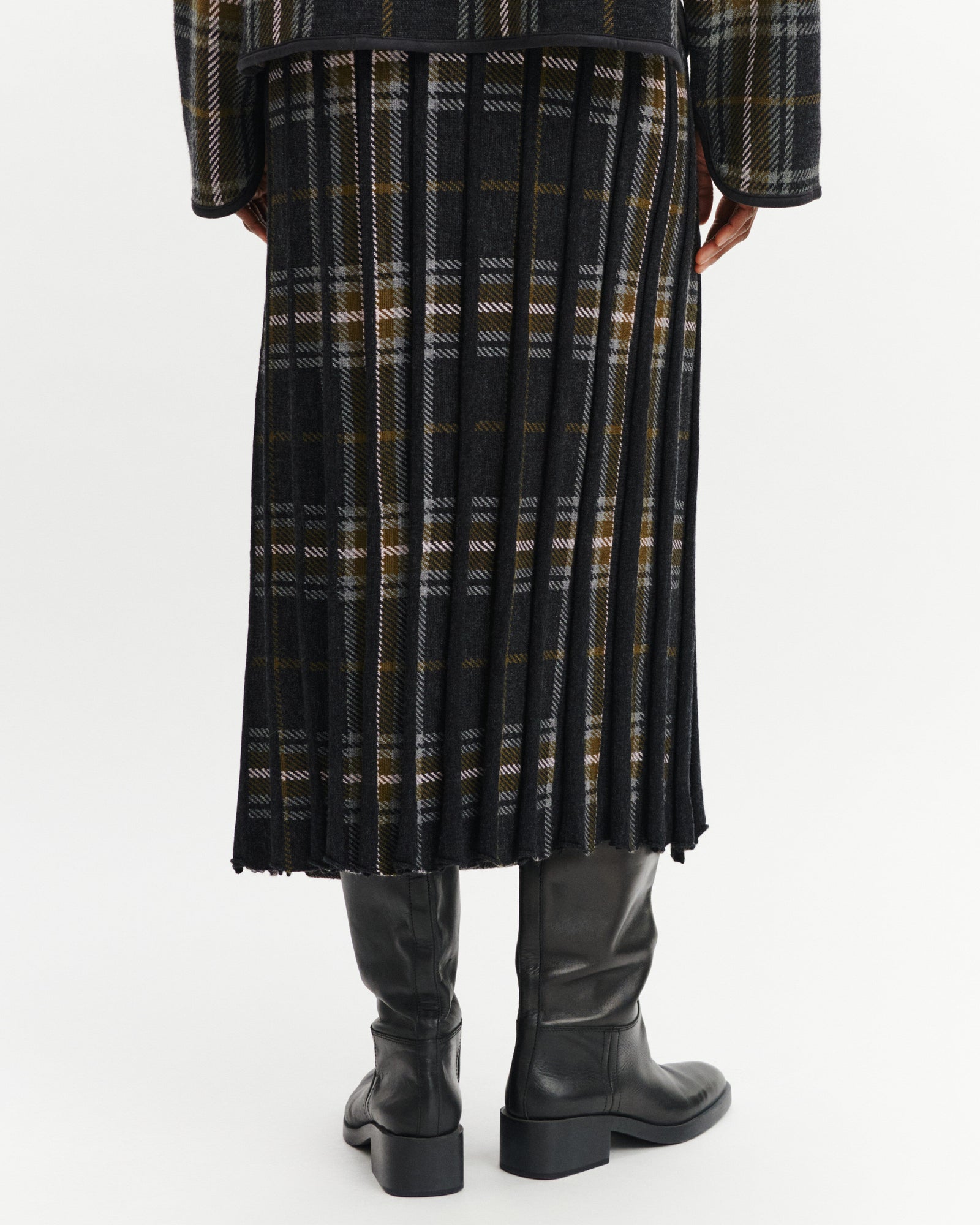 Jupe kilt plissée tartan-CHARBON/OLIVE-95% laine 5% cachemire