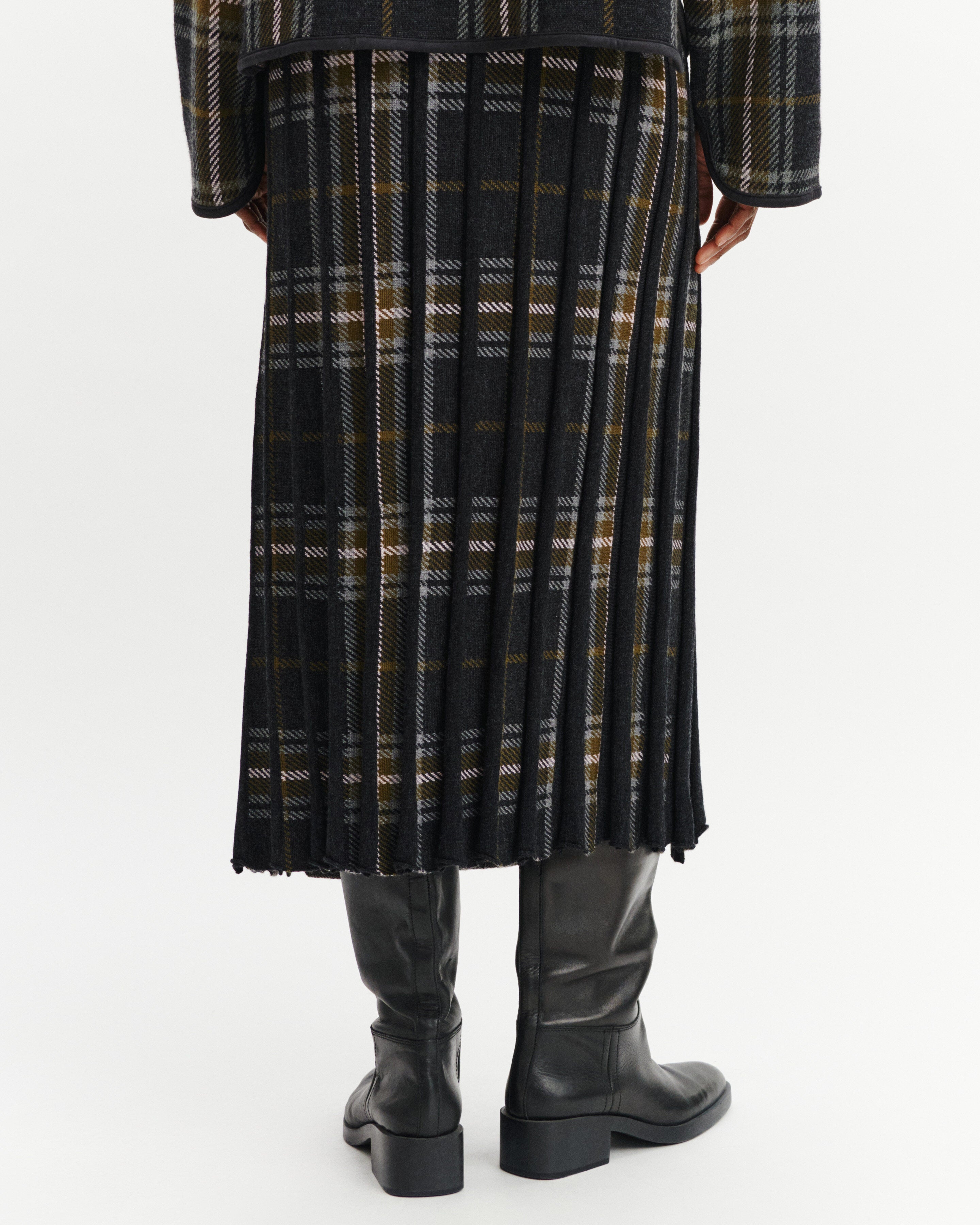 Jupe kilt plissée tartan-CHARBON/OLIVE-95% laine 5% cachemire