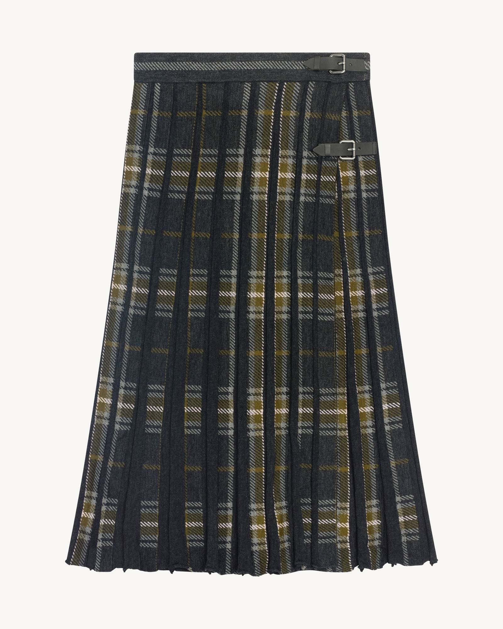 Jupe kilt plissée tartan-CHARBON/OLIVE-100% laine + 70% laine 30% cachemire