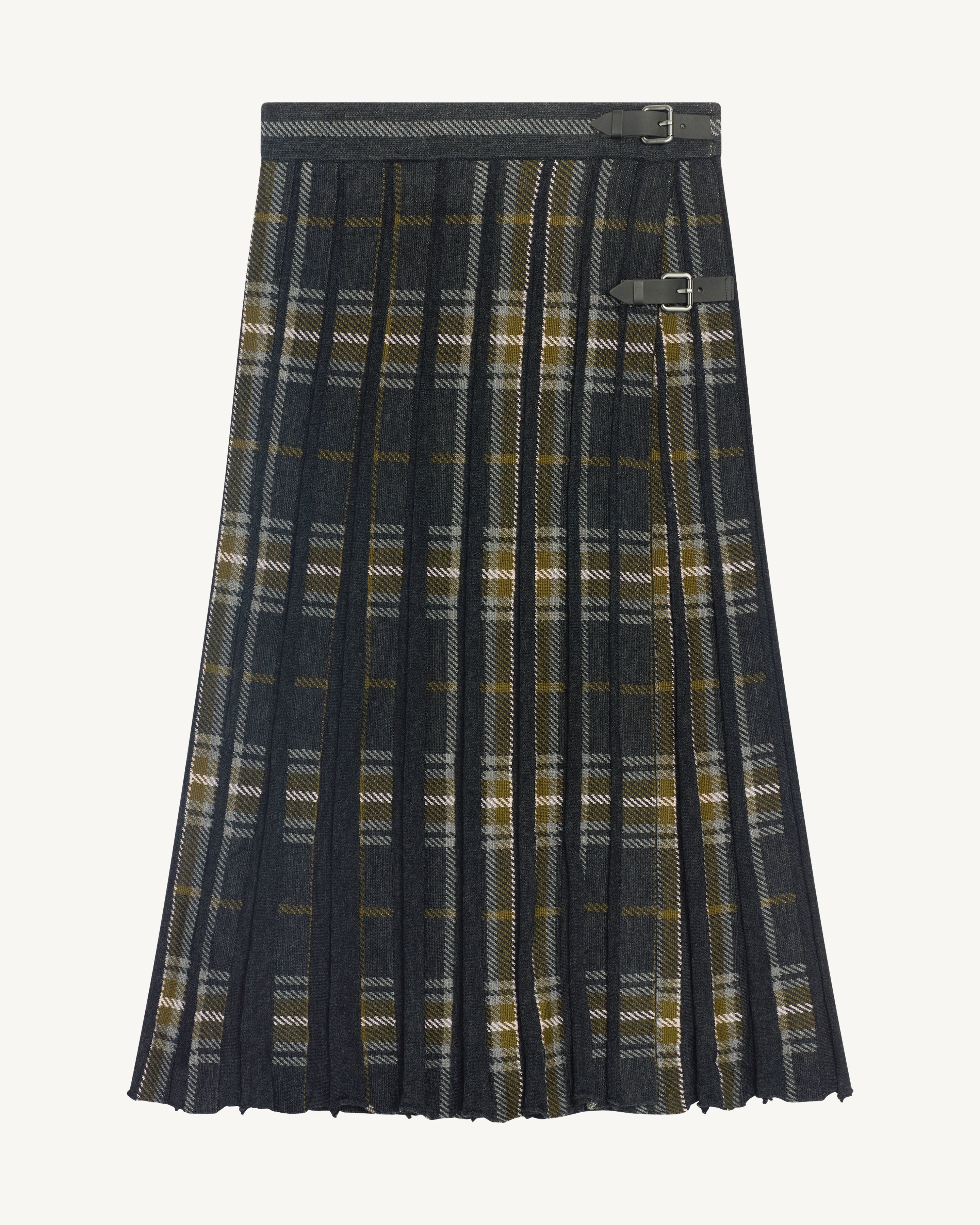 Jupe kilt plissée tartan-CHARBON/OLIVE-100% laine + 70% laine 30% cachemire