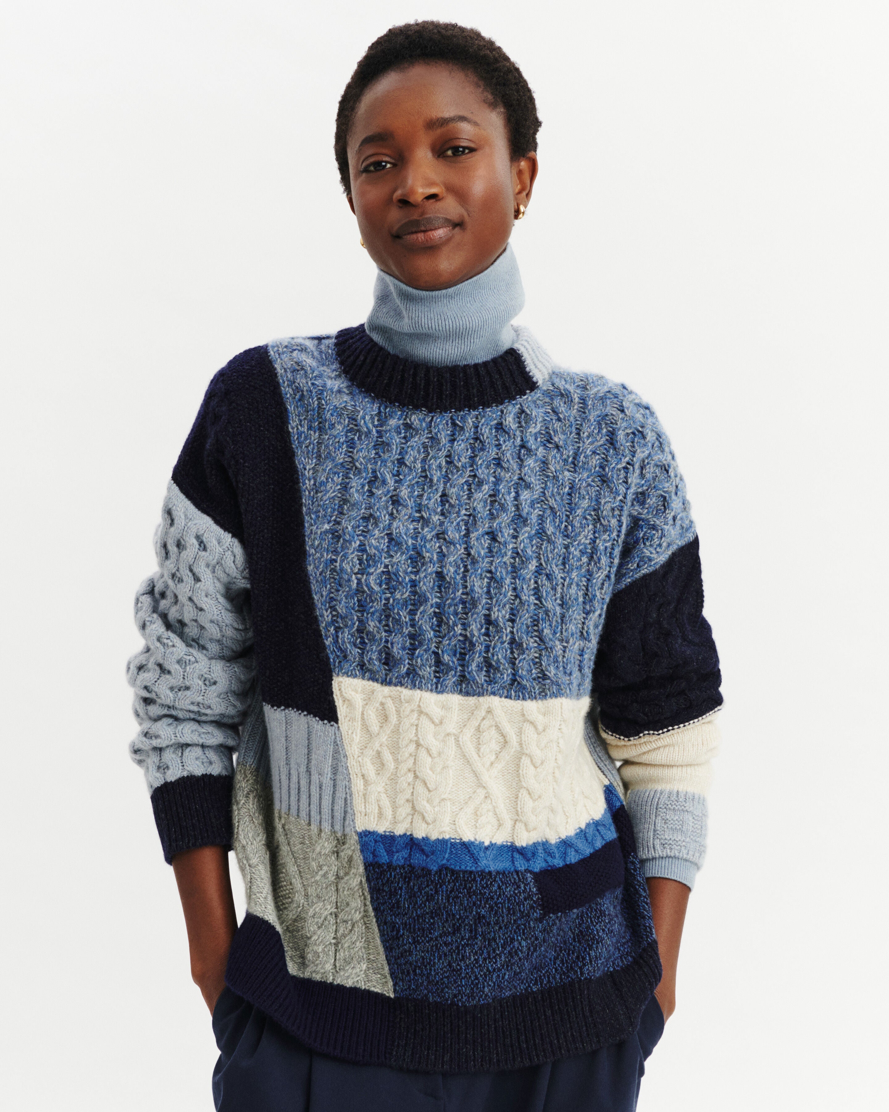 Pull col rond patchwork-MARINE/BLEU DE DELFT-100% cachemire