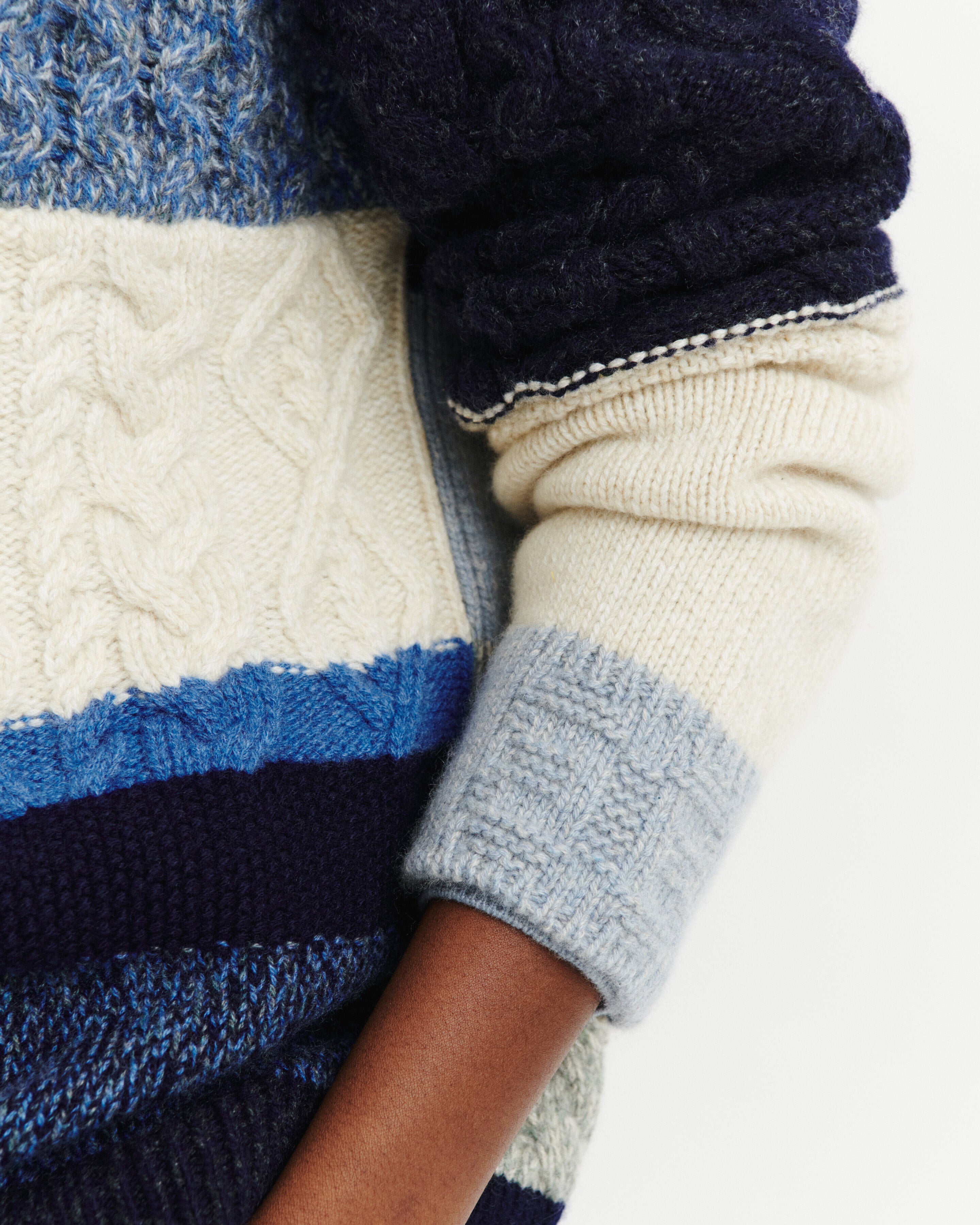 Pull col rond patchwork-MARINE/BLEU DE DELFT-100% cachemire