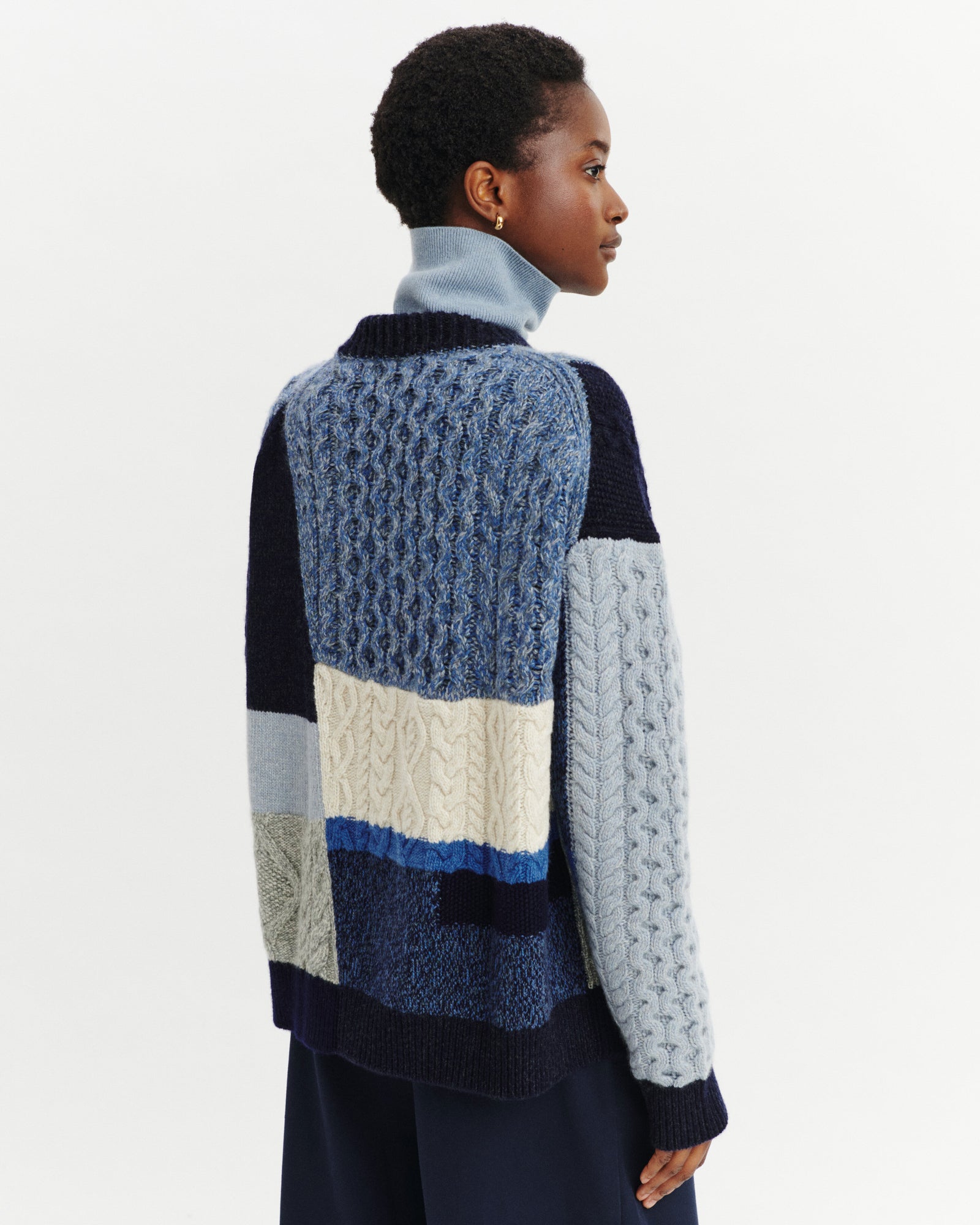 Pull col rond patchwork-MARINE/BLEU DE DELFT-100% cachemire