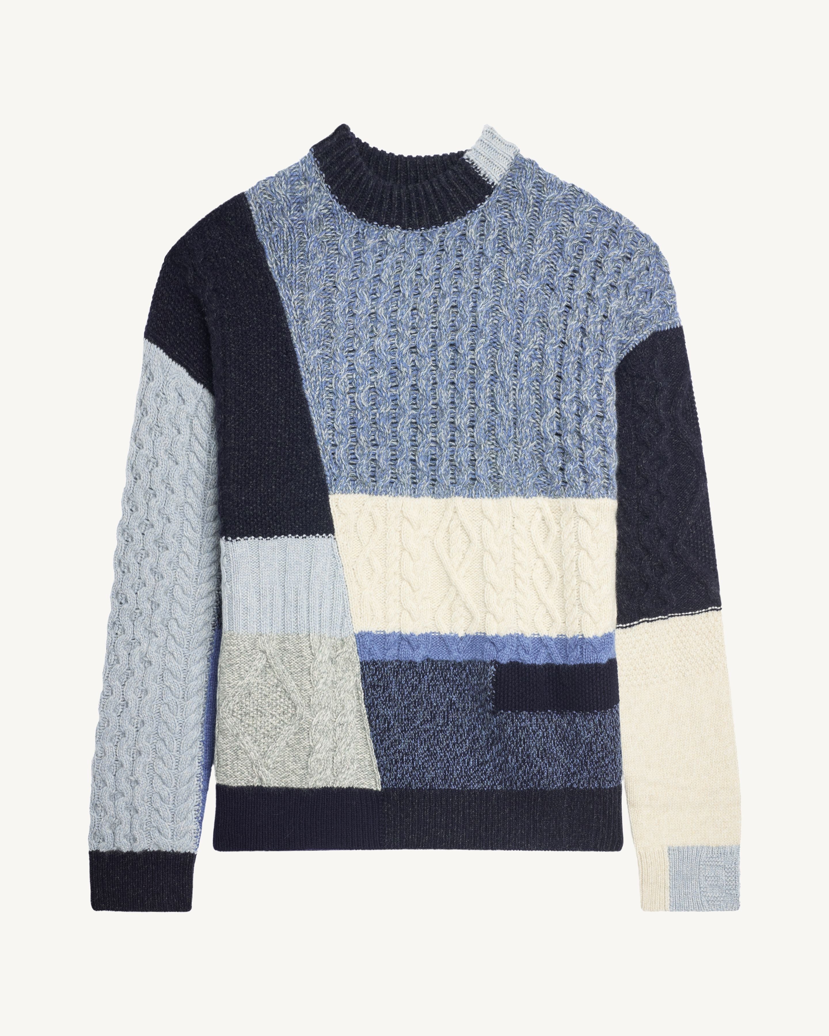 Pull col rond patchwork-MARINE/BLEU DE DELFT-100% cachemire