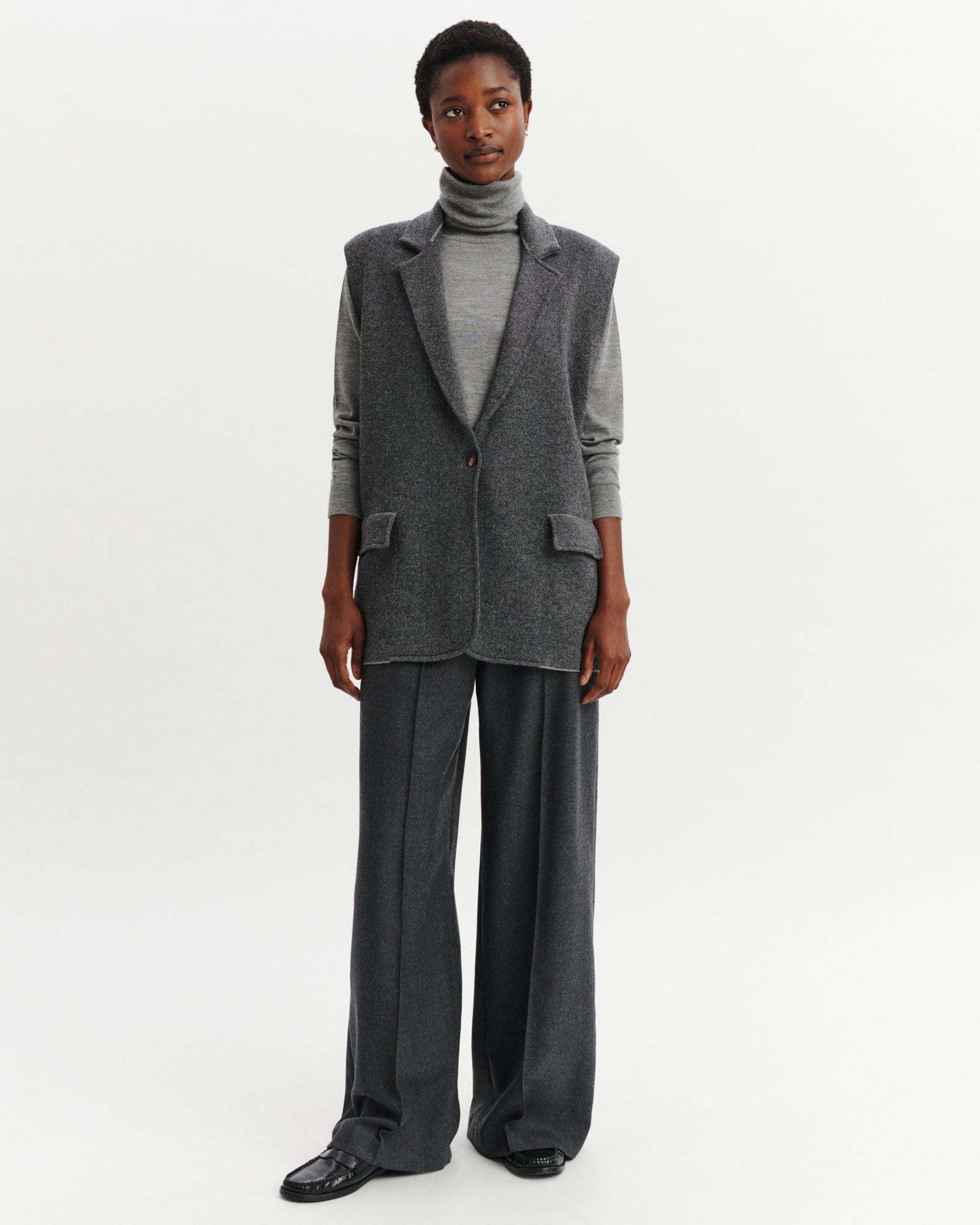 Blazer sans manches piqué-GRIS METEORITE/CHARBON-70% laine 30% cachemire