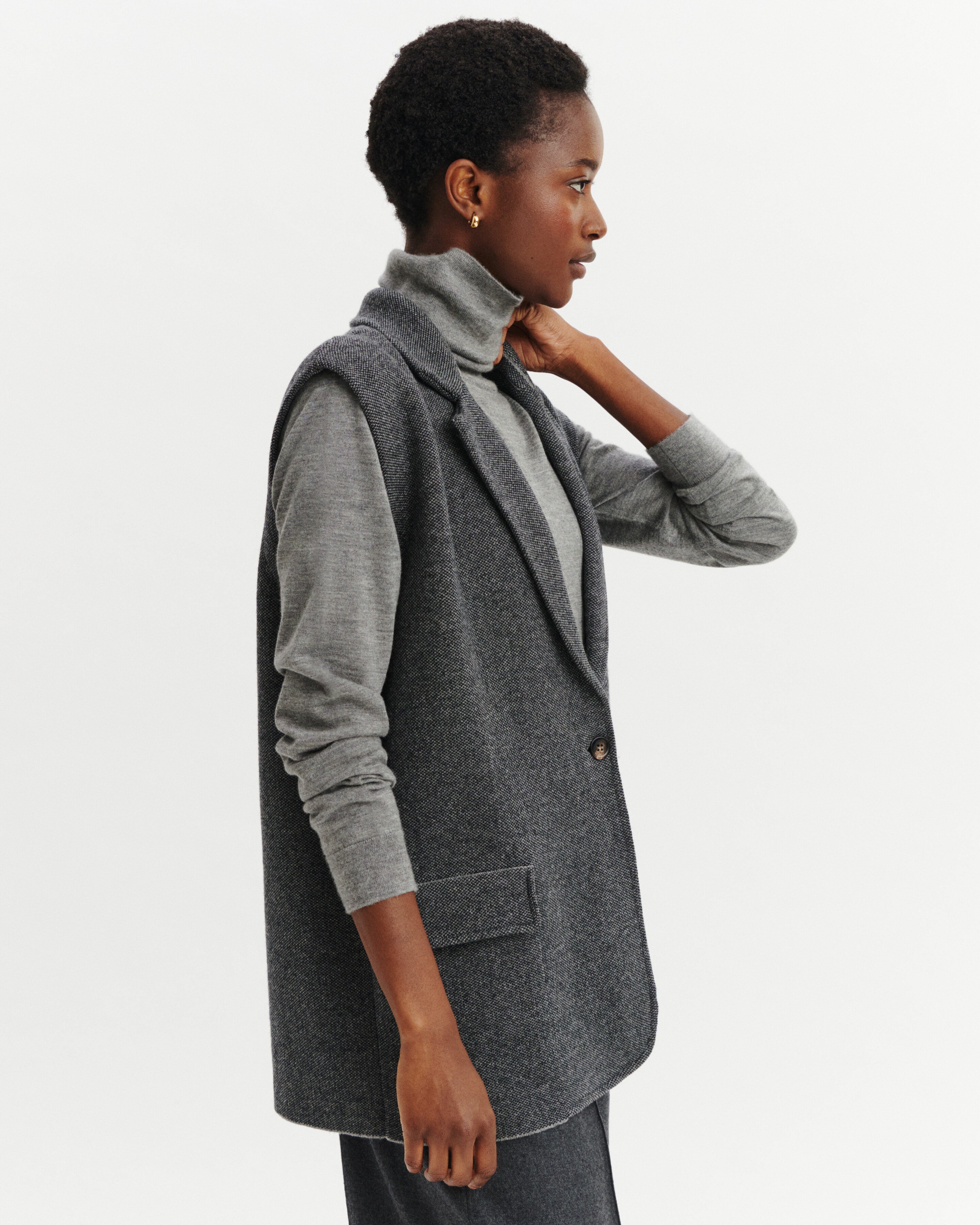 Blazer sans manches piqué-GRIS METEORITE/CHARBON-70% laine 30% cachemire