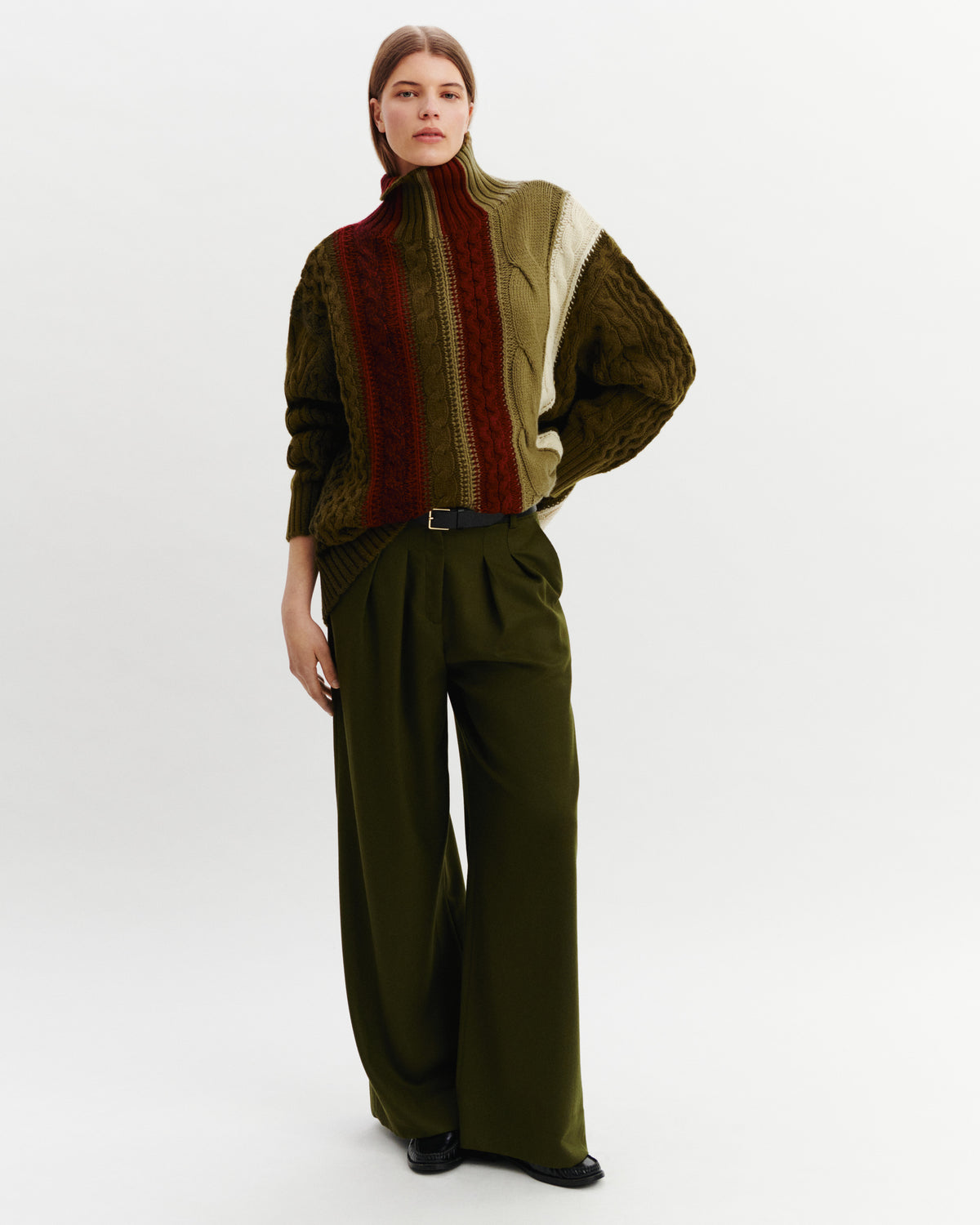 Pull à torsades rayées-OLIVE/ARGILE-100% cachemire
