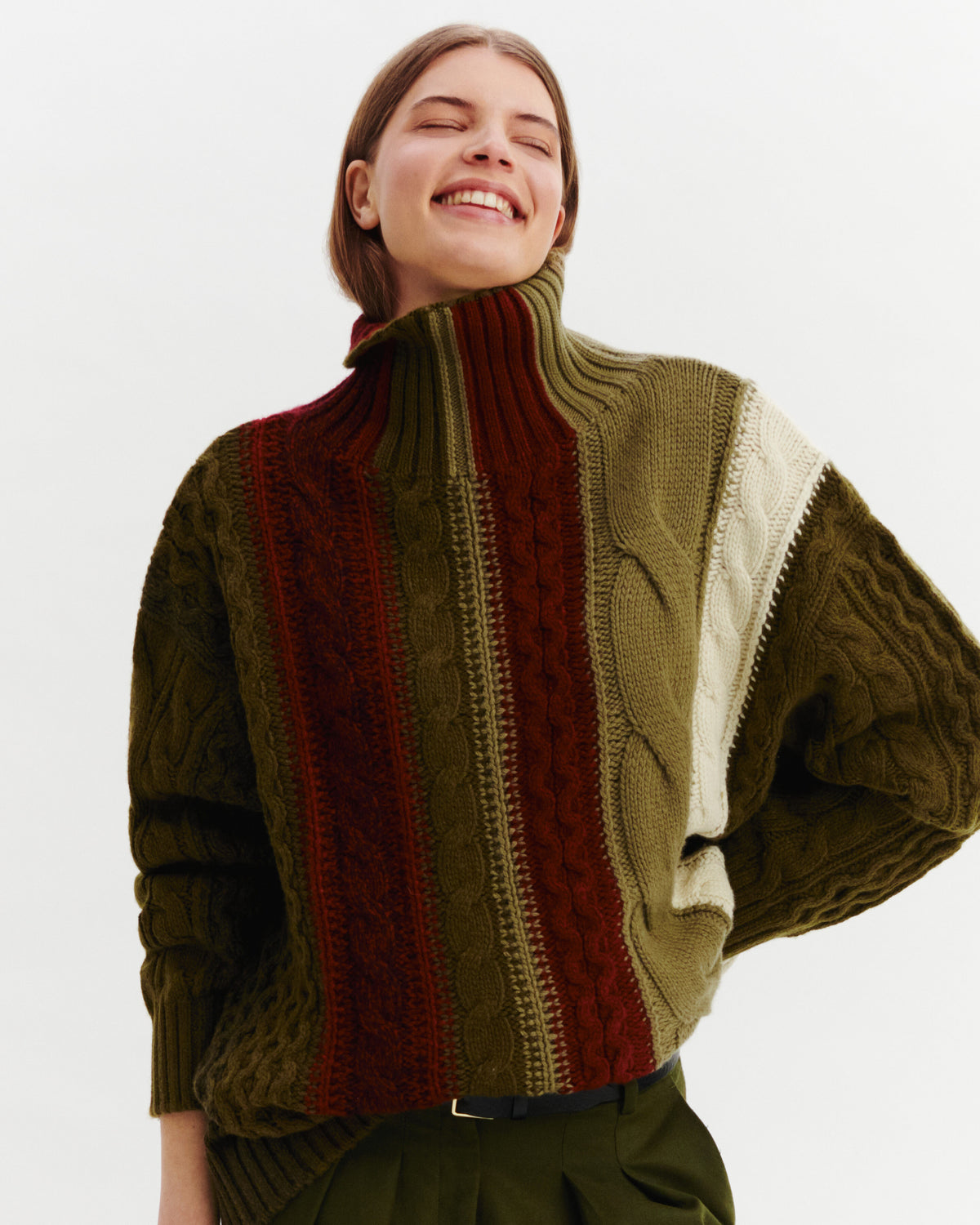 Pull à torsades rayées-OLIVE/ARGILE-100% cachemire