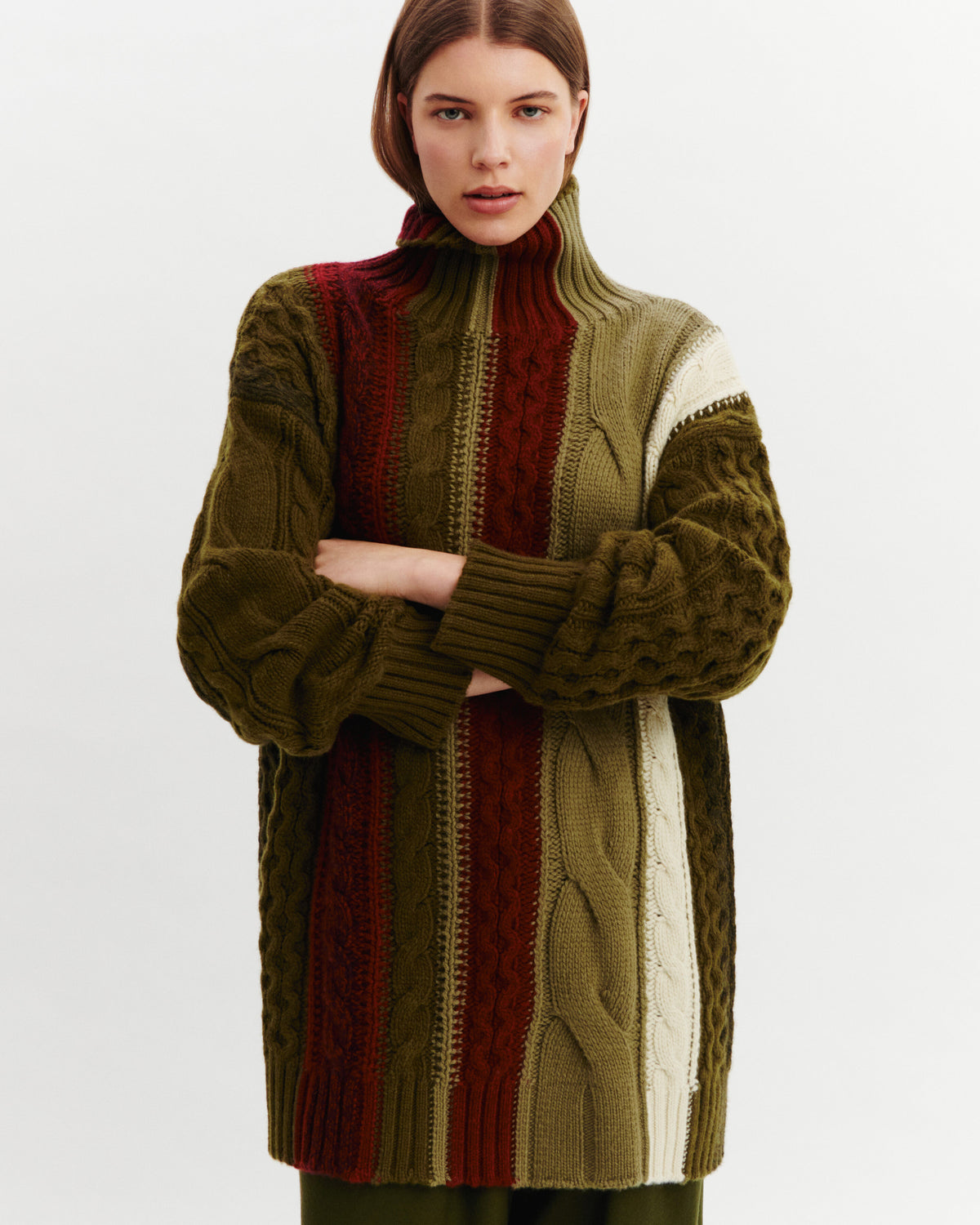 Pull à torsades rayées-OLIVE/ARGILE-100% cachemire