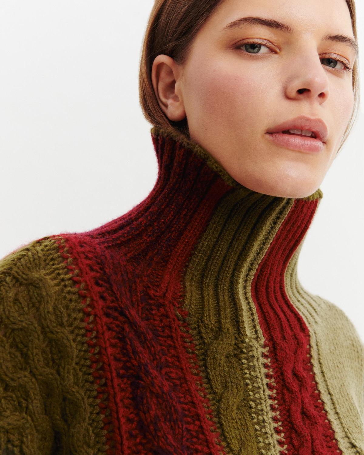 Pull à torsades rayées-OLIVE/ARGILE-100% cachemire