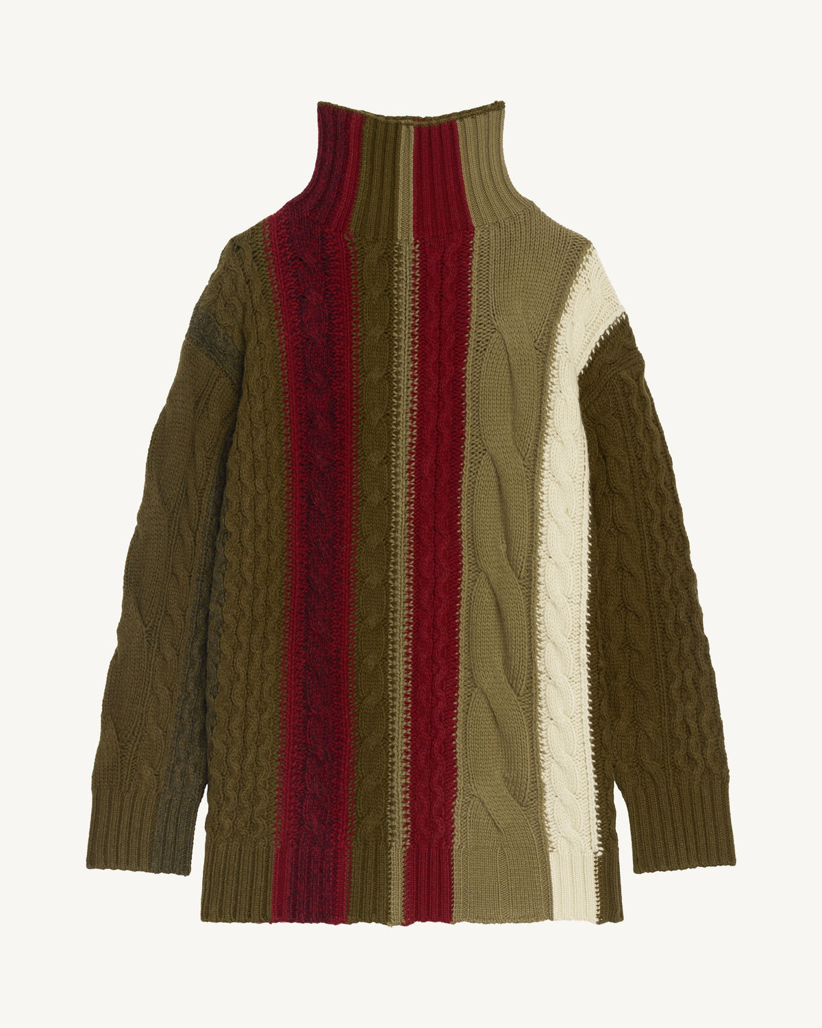 Pull à torsades rayées-OLIVE/ARGILE-100% cachemire
