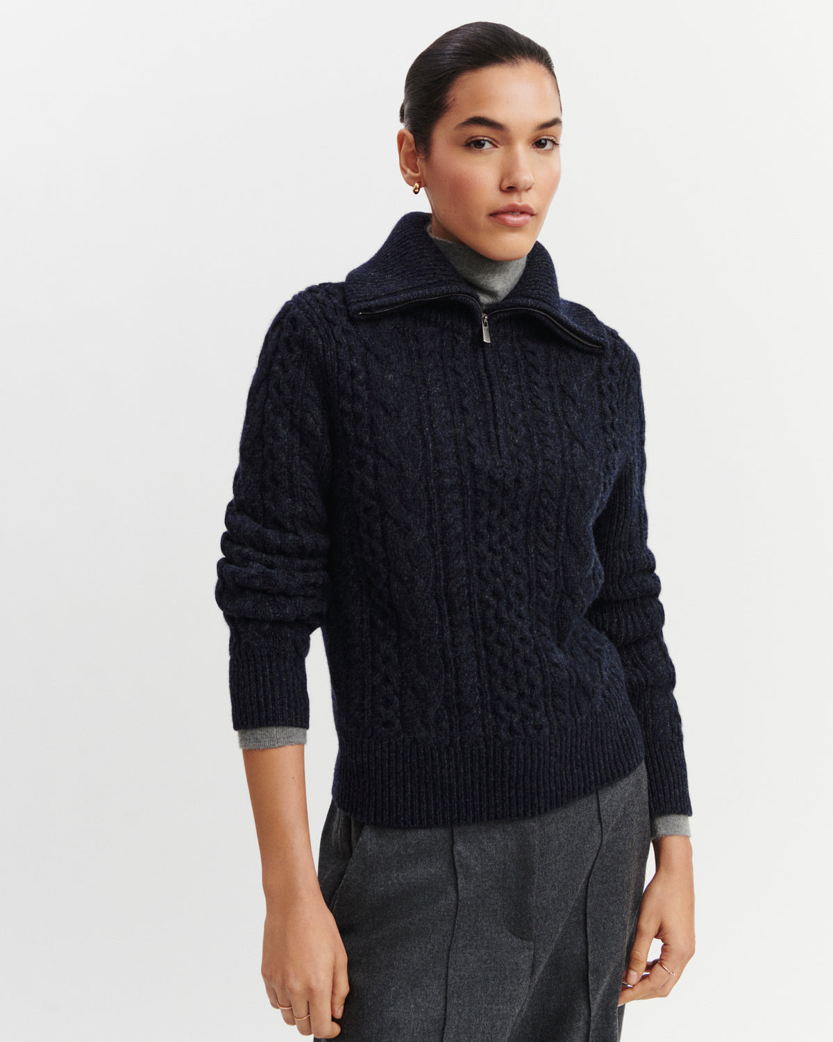 Pull camionneur à torsades-MARINE/CHARBON-100% cachemire
