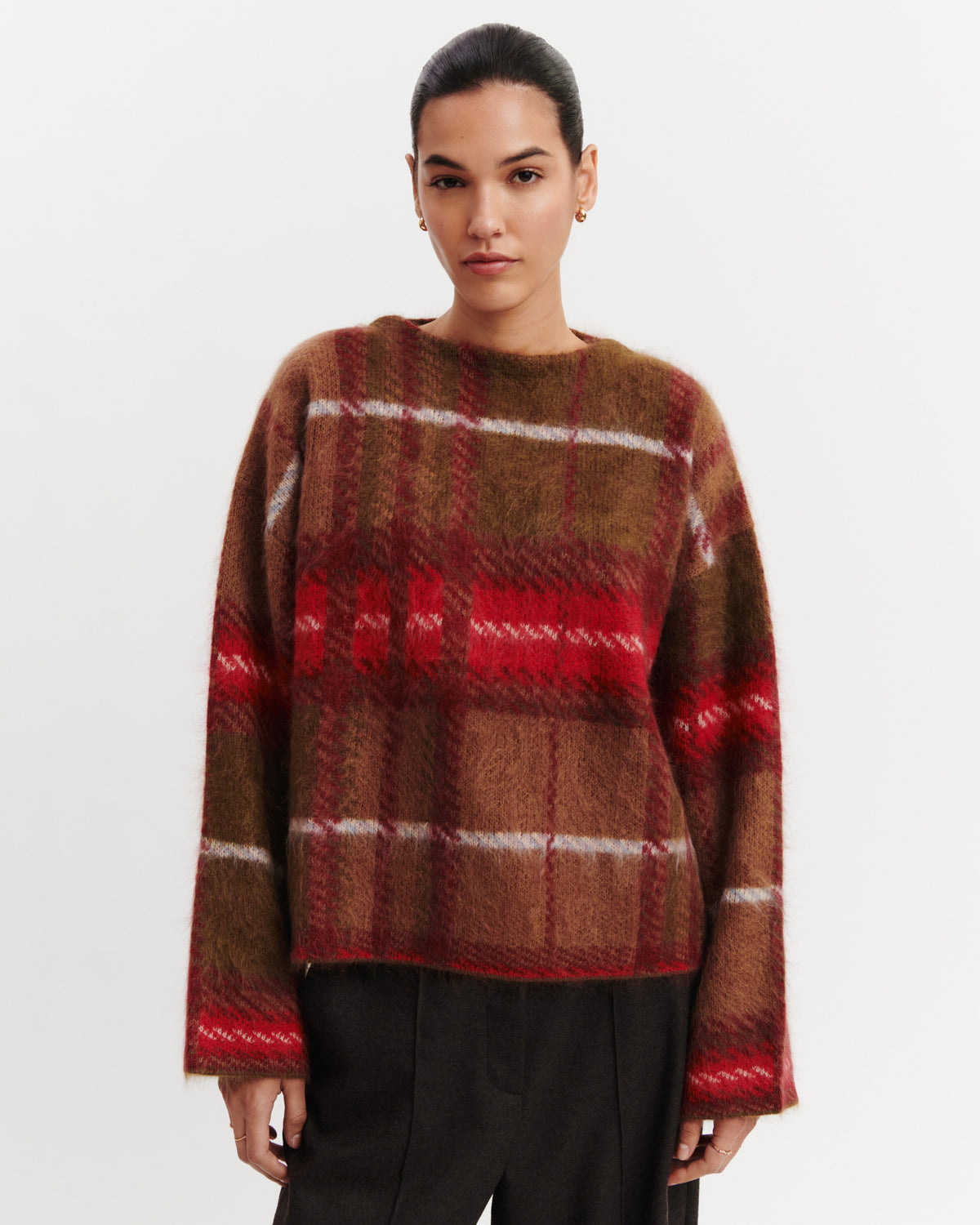 Col rond brossé tartan-ROUGE QUARANTE/OLIVE-100% cachemire