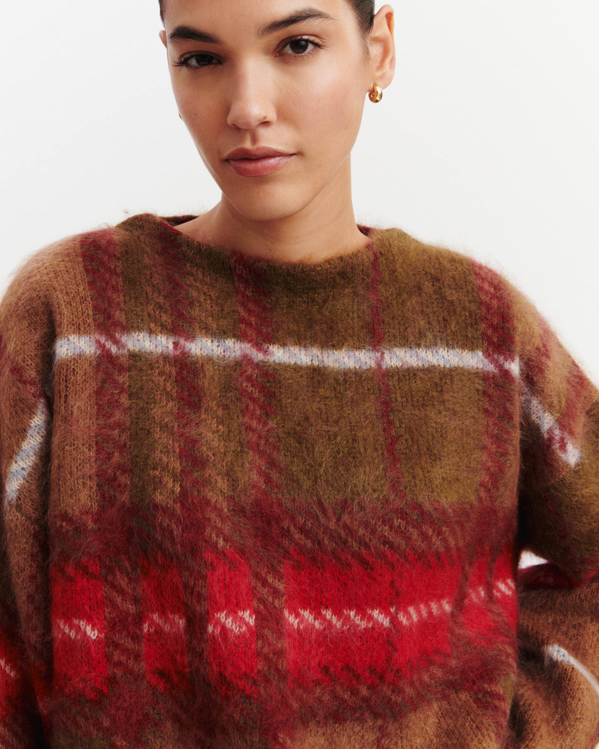 Col rond brossé tartan-ROUGE QUARANTE/OLIVE-100% cachemire