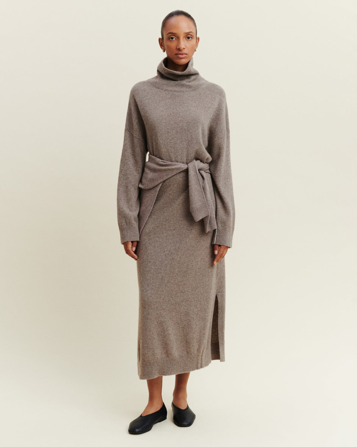 Robe longue col montant-TAUPE-50% cachemire 50% yak