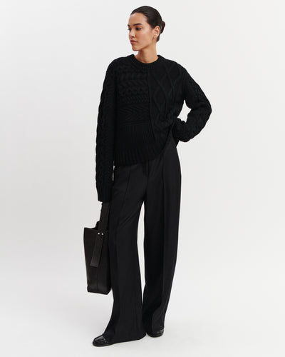 Pull col rond patchwork-NOIR-100% cachemire