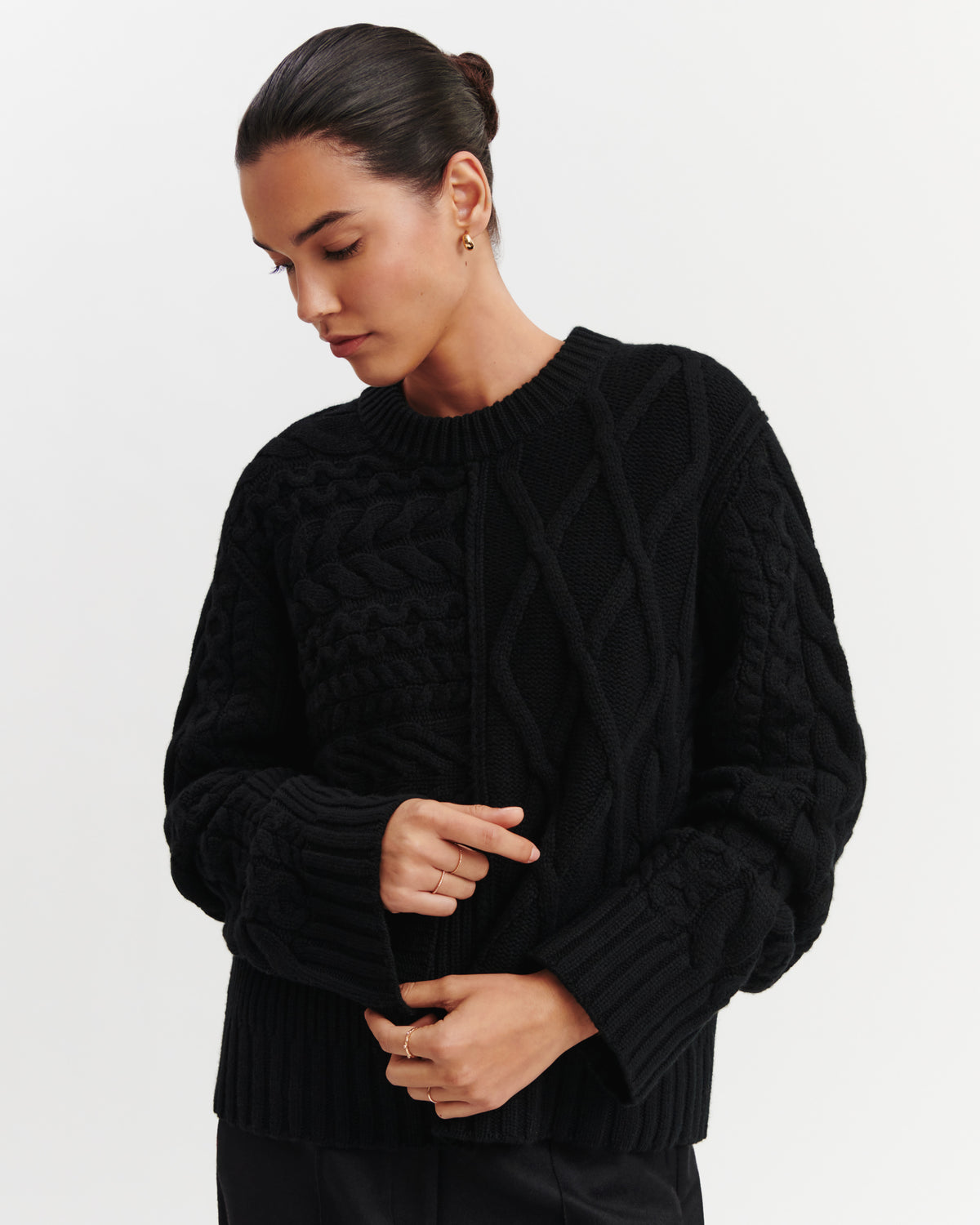 Pull col rond patchwork-NOIR-100% cachemire