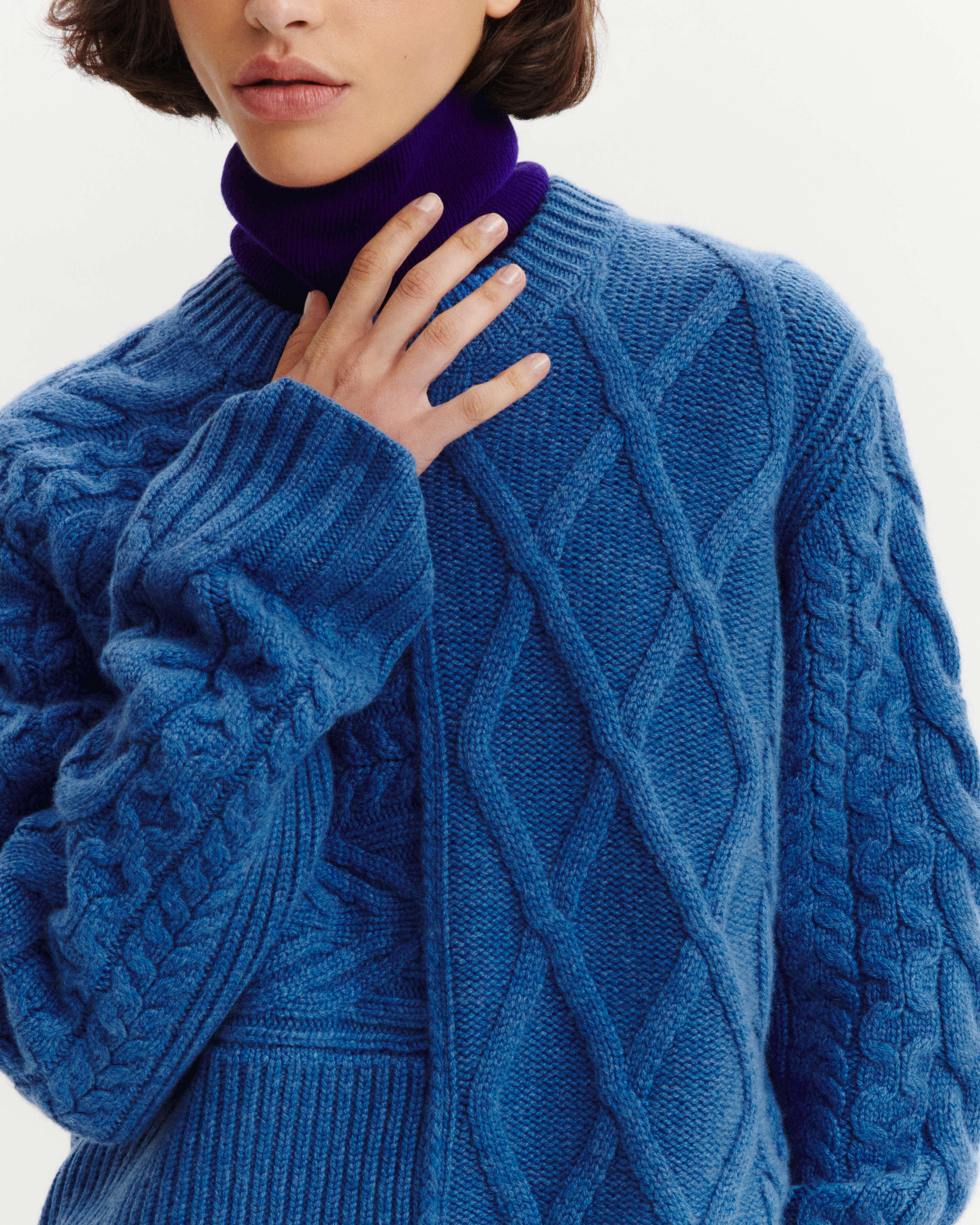 Pull col rond patchwork-BLEU DE DELFT-100% cachemire