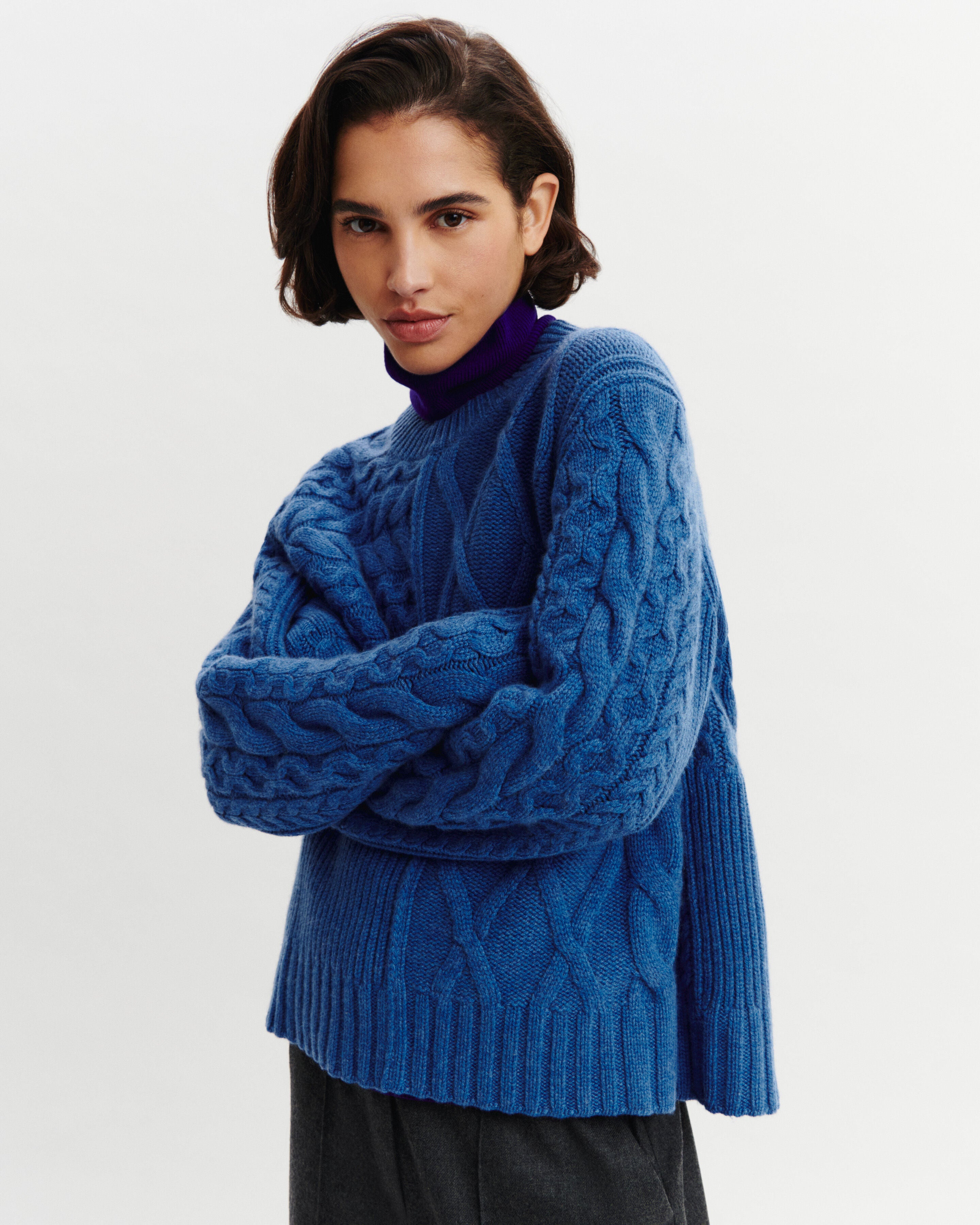 Pull col rond patchwork-BLEU DE DELFT-100% cachemire