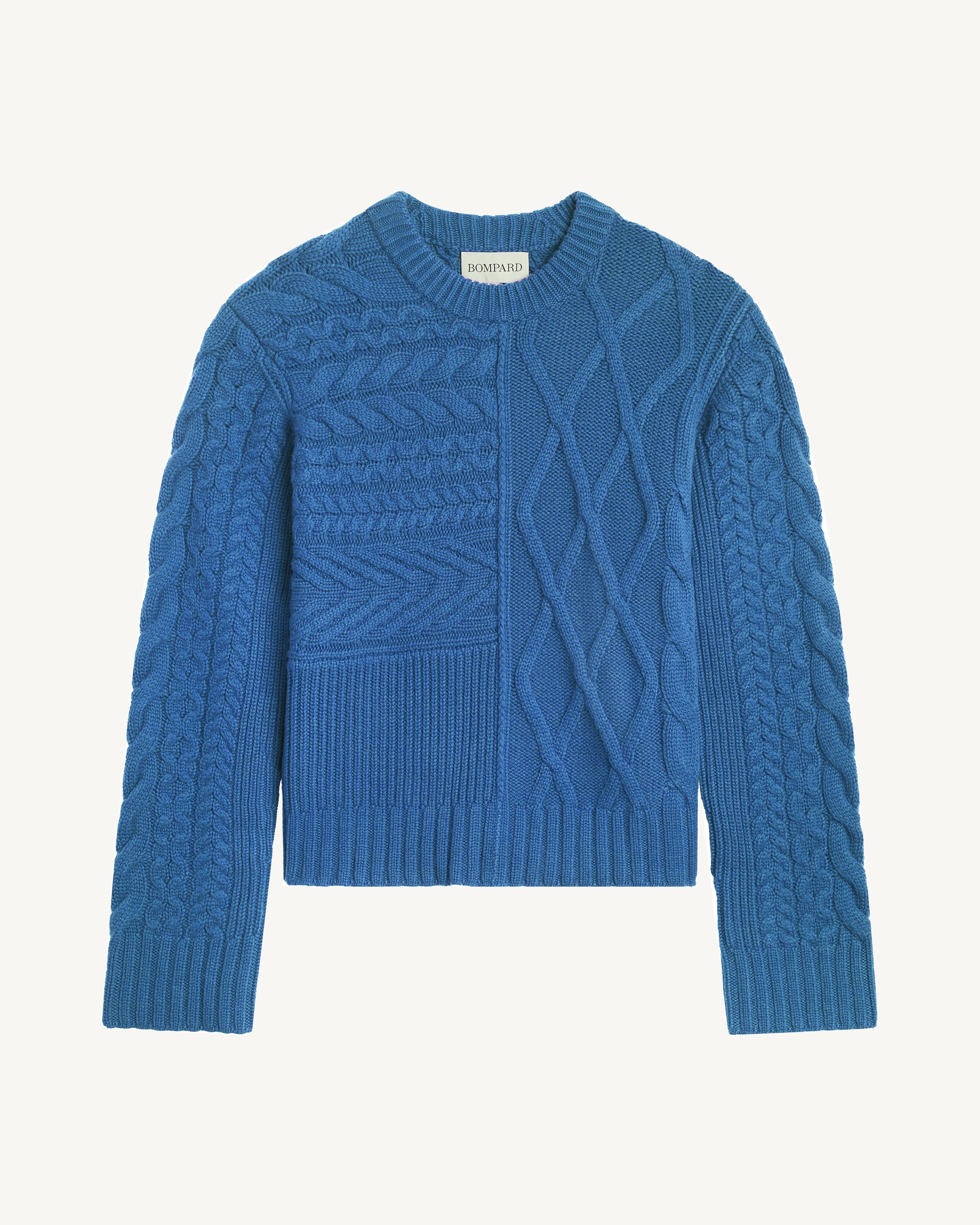 Pull col rond patchwork-BLEU DE DELFT-100% cachemire