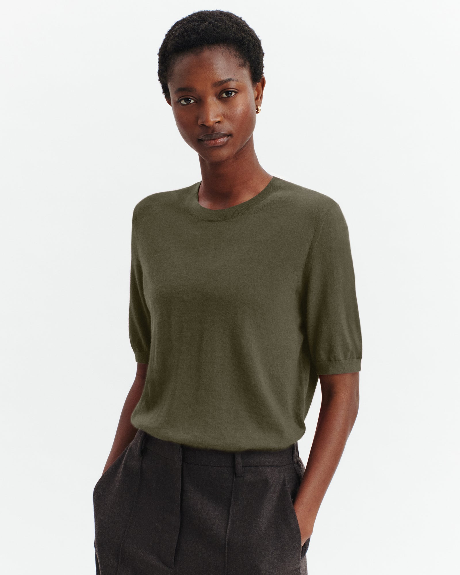 Pull manches courtes Fiona-KAKI KOMBU-100% cachemire