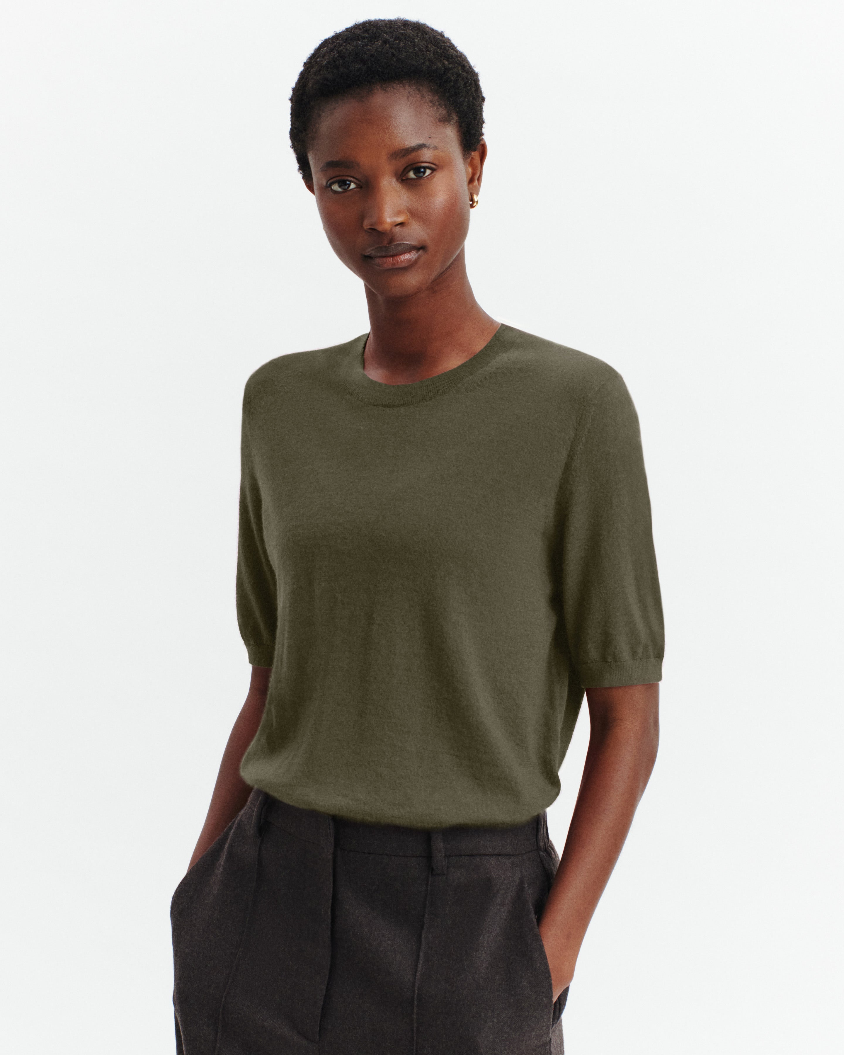 Pull manches courtes Fiona-KAKI KOMBU-100% cachemire