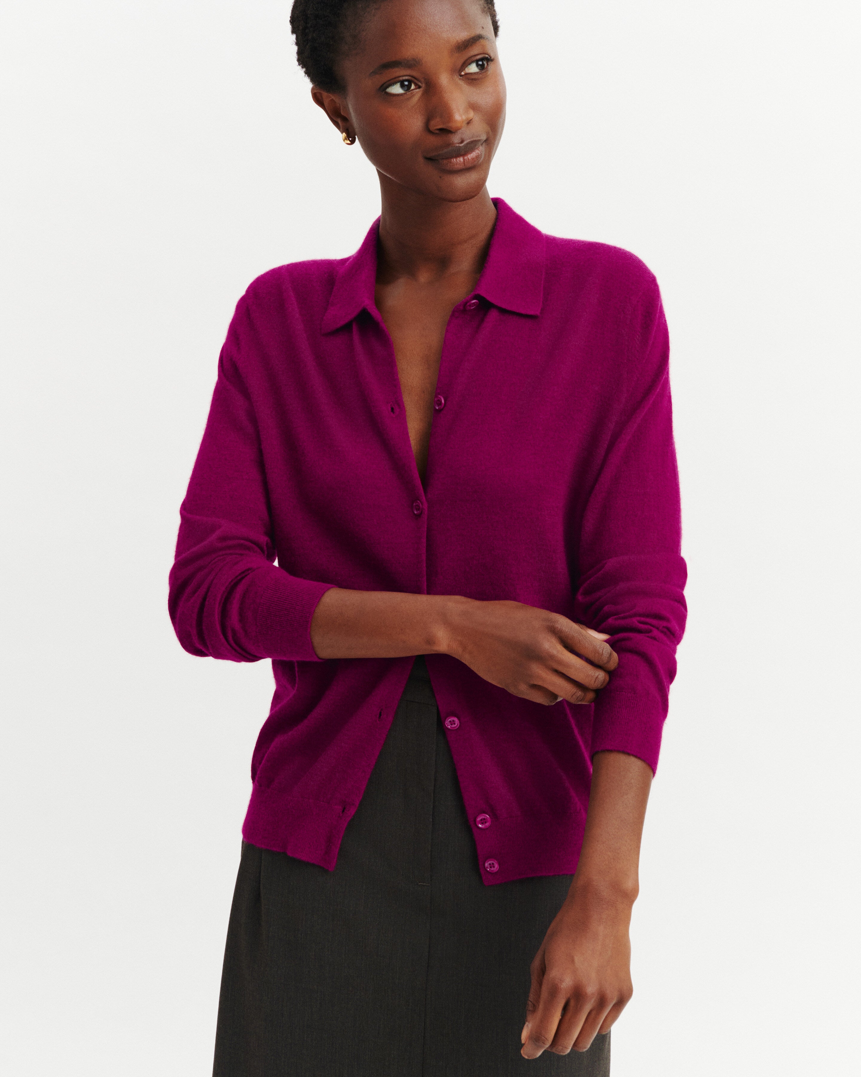 Cardigan col polo Fanette-POURPRE-100% cachemire