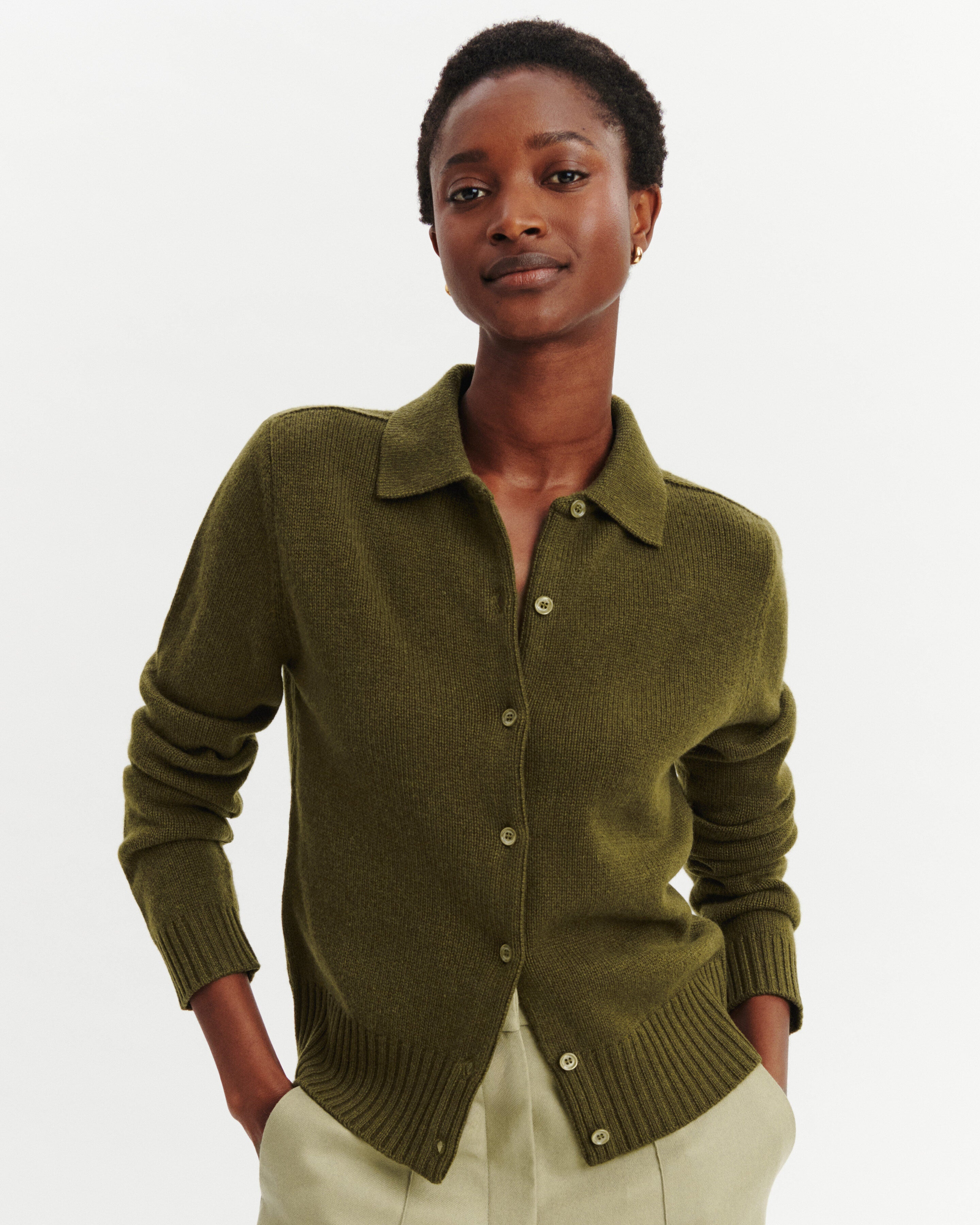 Cardigan col polo Lison-OLIVE-100% cachemire