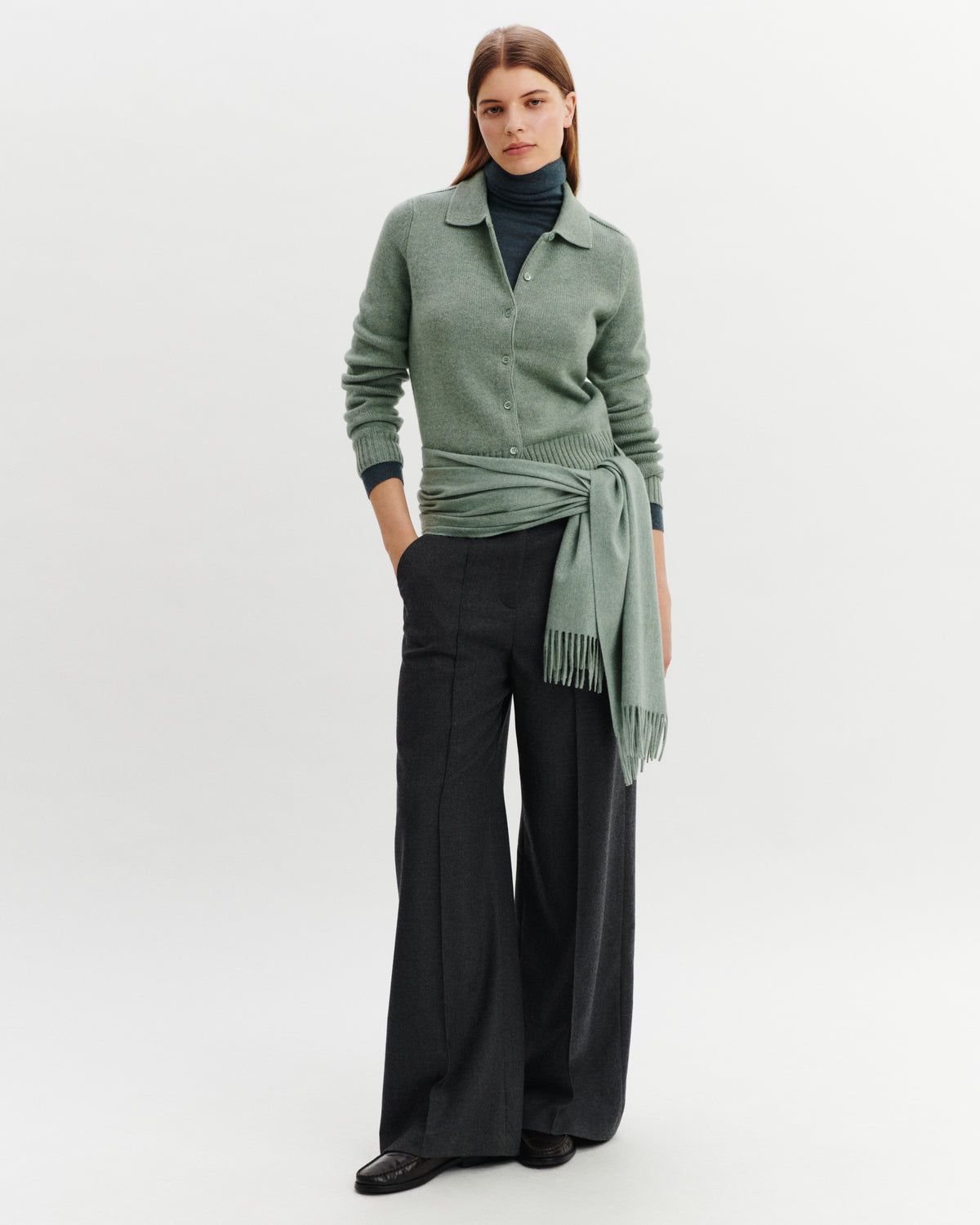 Cardigan col polo Lison-VERT DE GRIS-100% cachemire