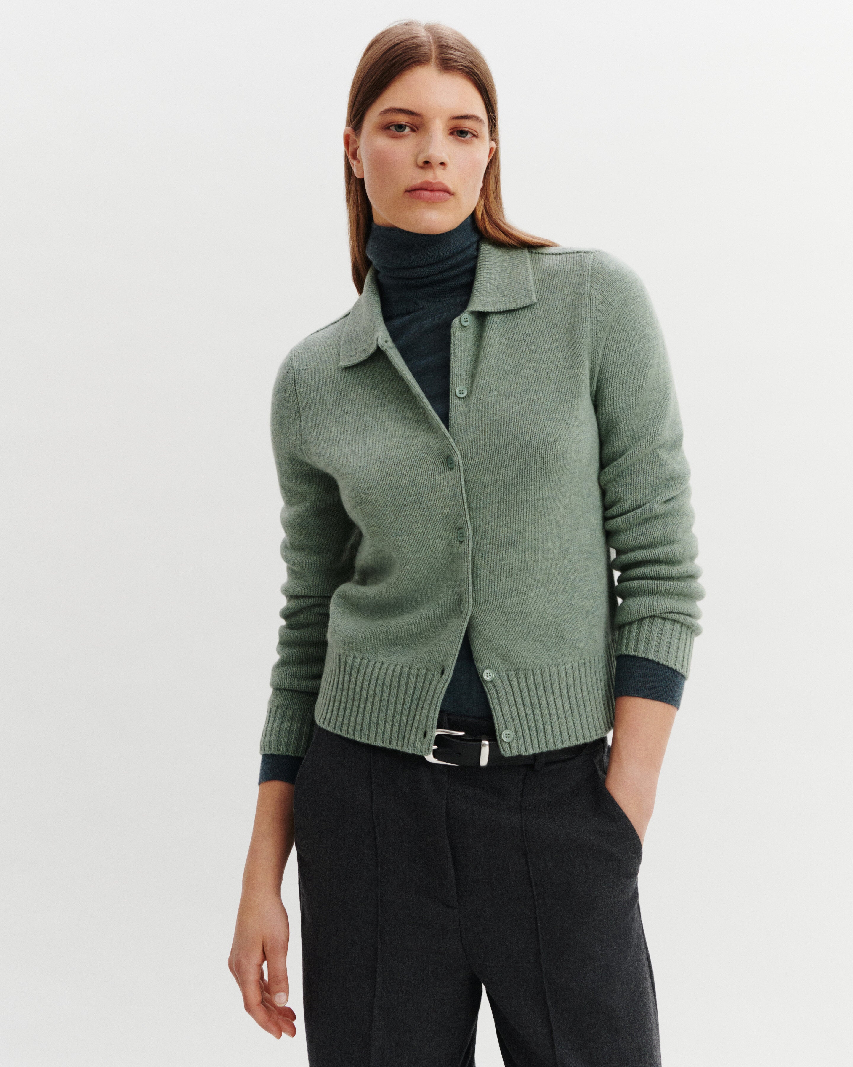 Cardigan col polo Lison-VERT DE GRIS-100% cachemire