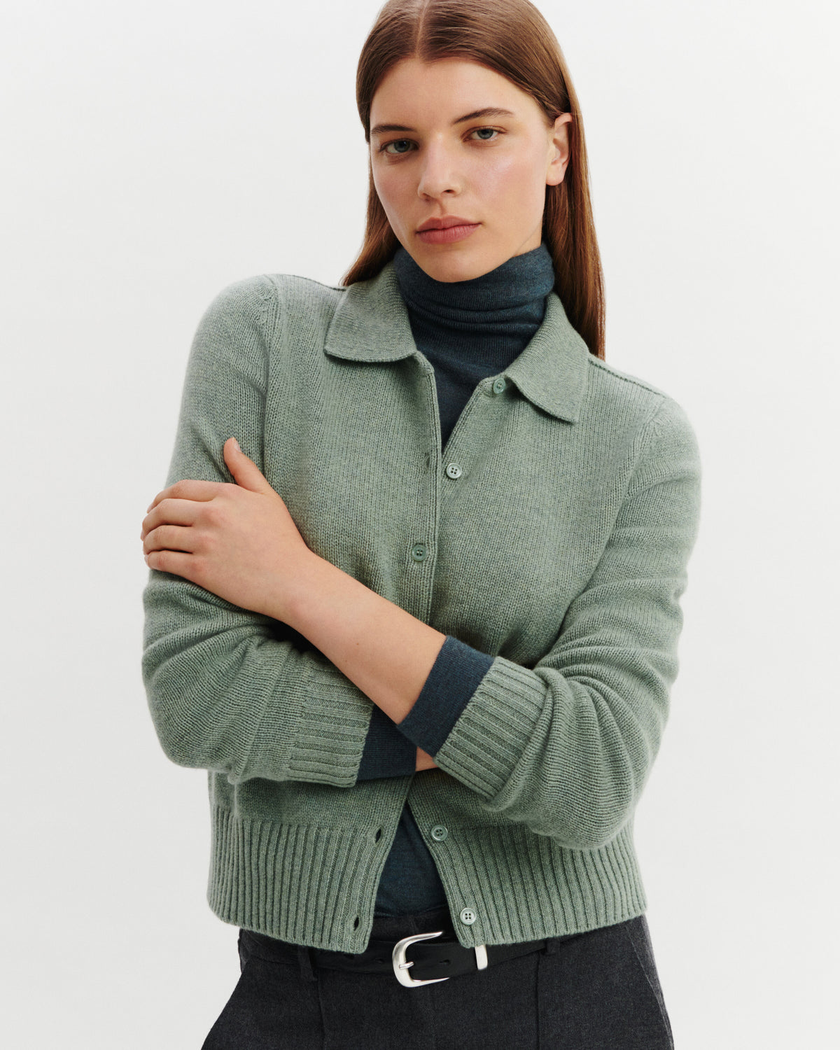 Cardigan col polo Lison-VERT DE GRIS-100% cachemire
