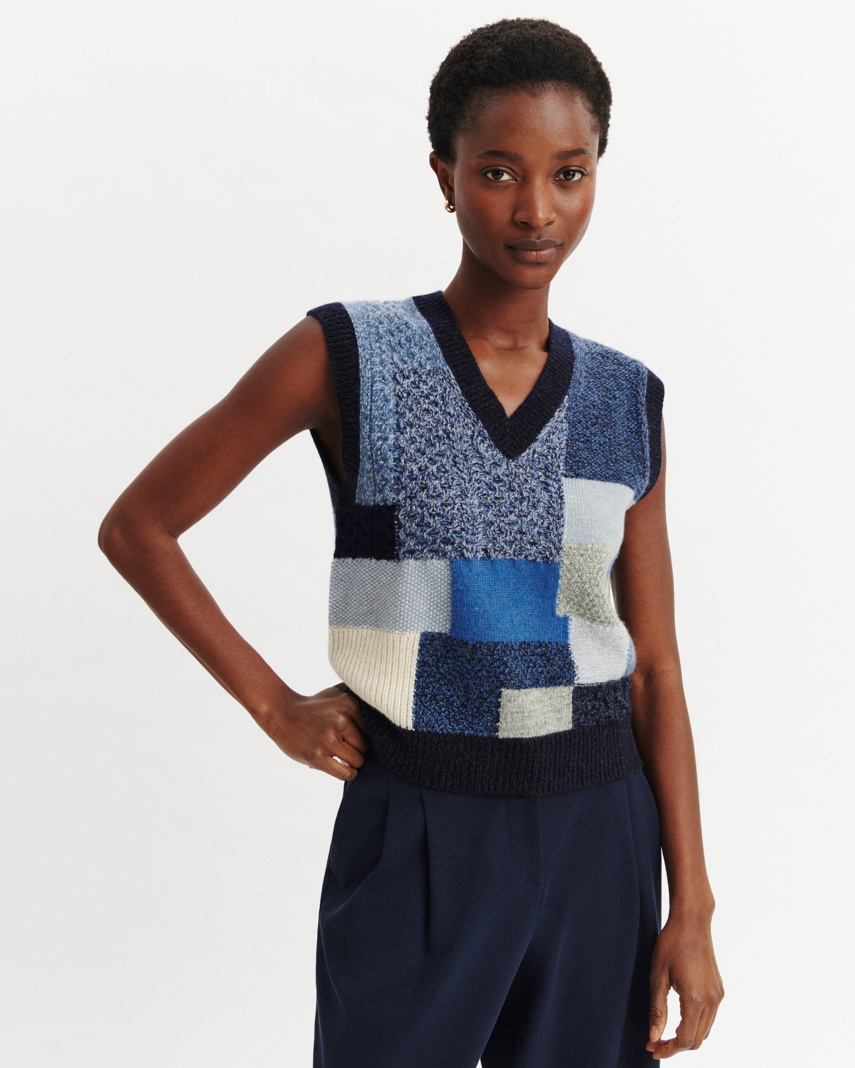 Pull sans manches patchwork-MARINE/BLEU DE DELFT-100% cachemire