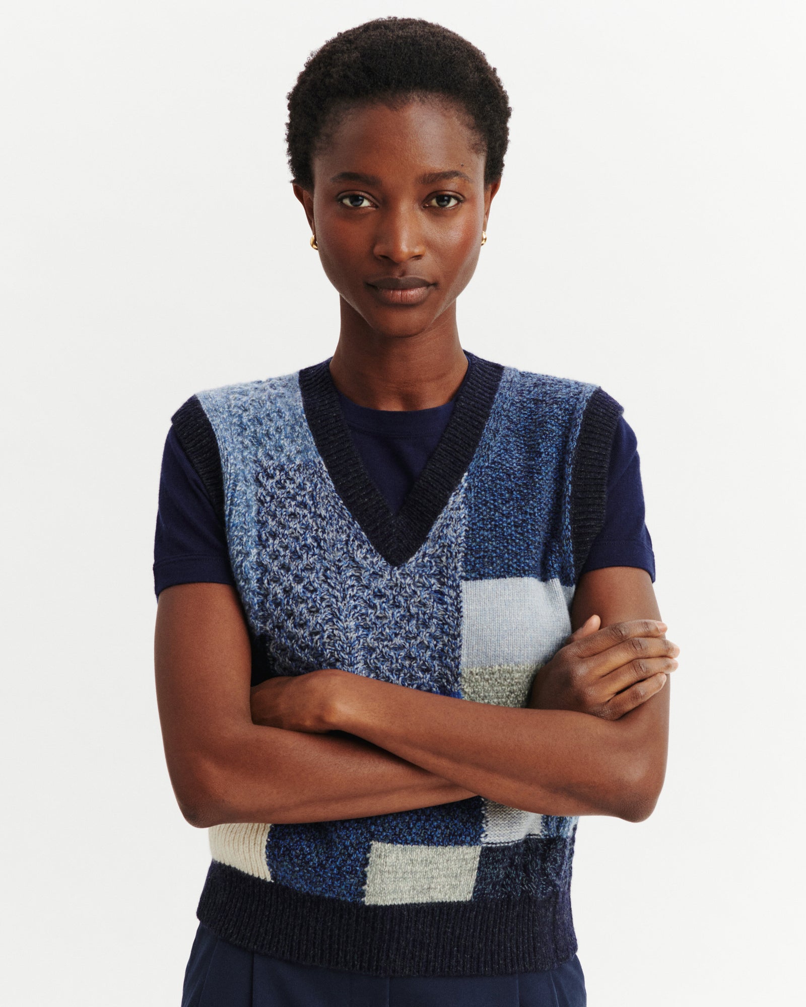 Pull sans manches patchwork-MARINE/BLEU DE DELFT-100% cachemire