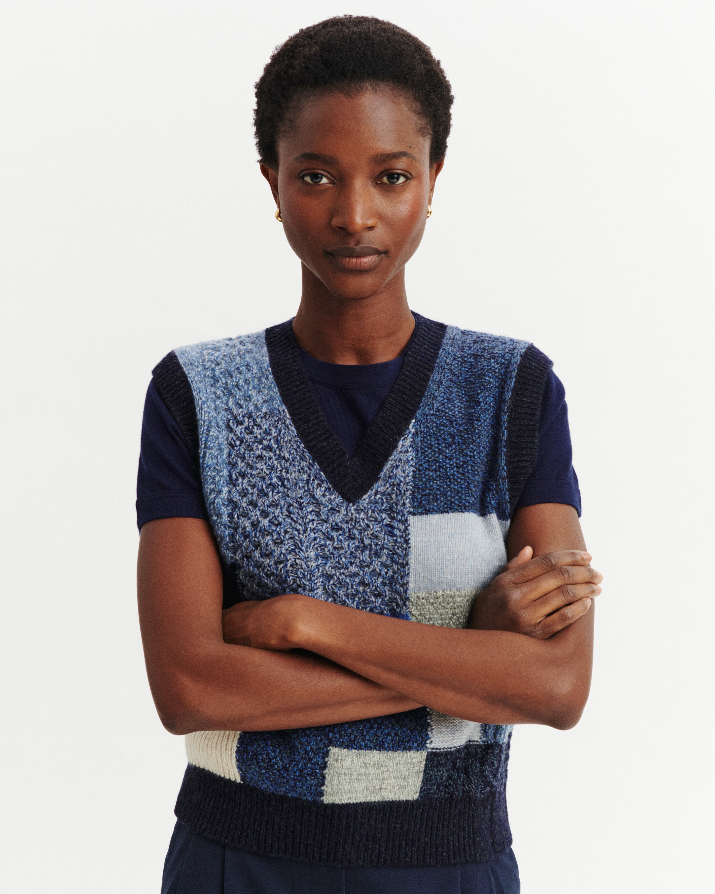 Pull sans manches patchwork-MARINE/BLEU DE DELFT-100% cachemire